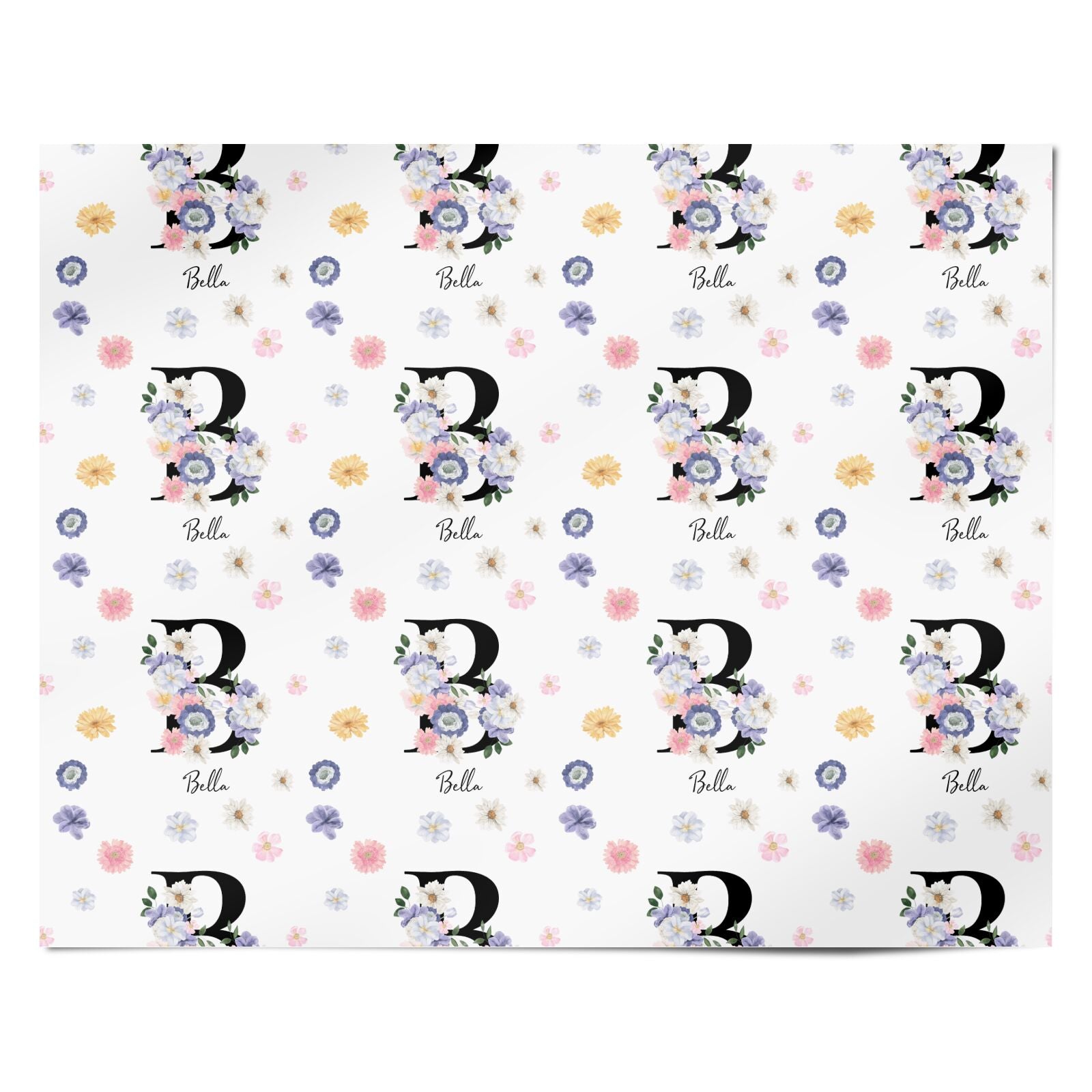 Black Initial Floral Personalised Wrapping Paper Alternative