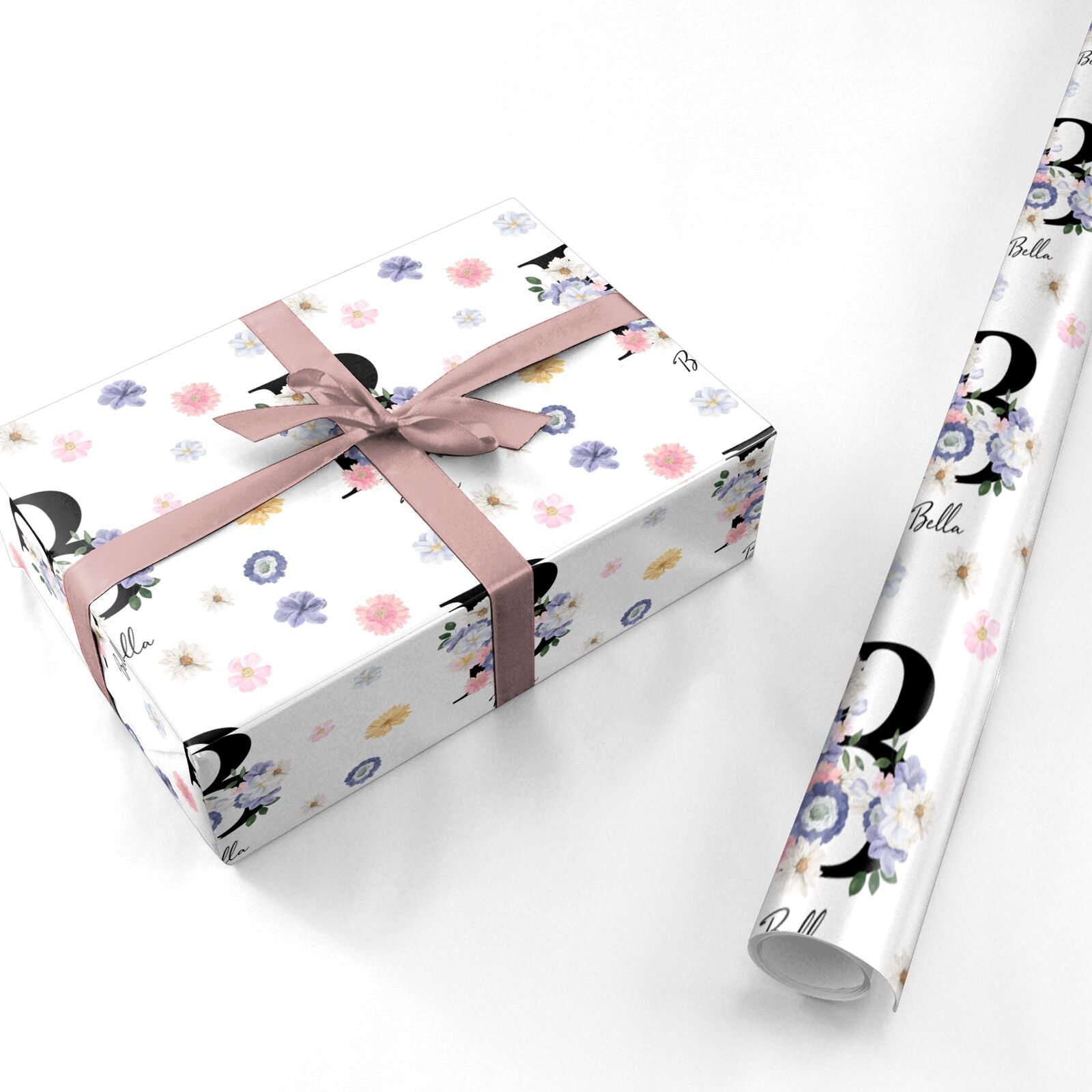 Black Initial Floral Personalised Wrapping Paper