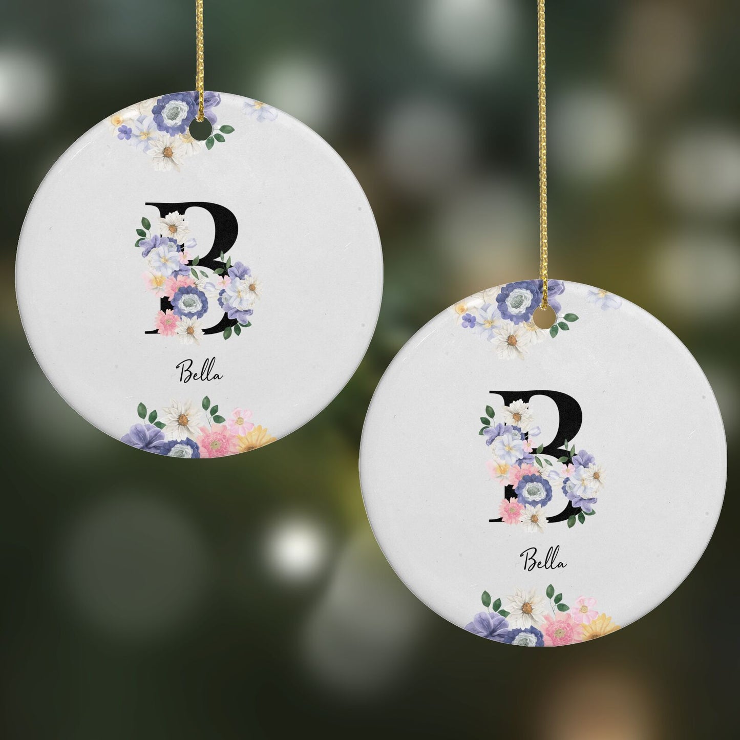 Black Initial Floral Round Decoration on Christmas Background