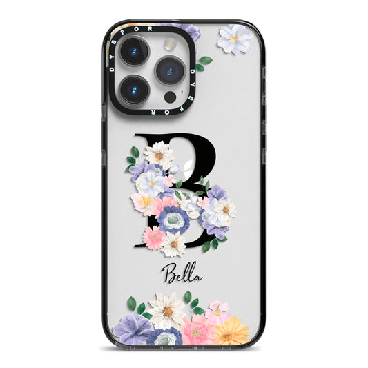 Black Initial Floral iPhone 14 Pro Max Black Impact Case on Silver phone