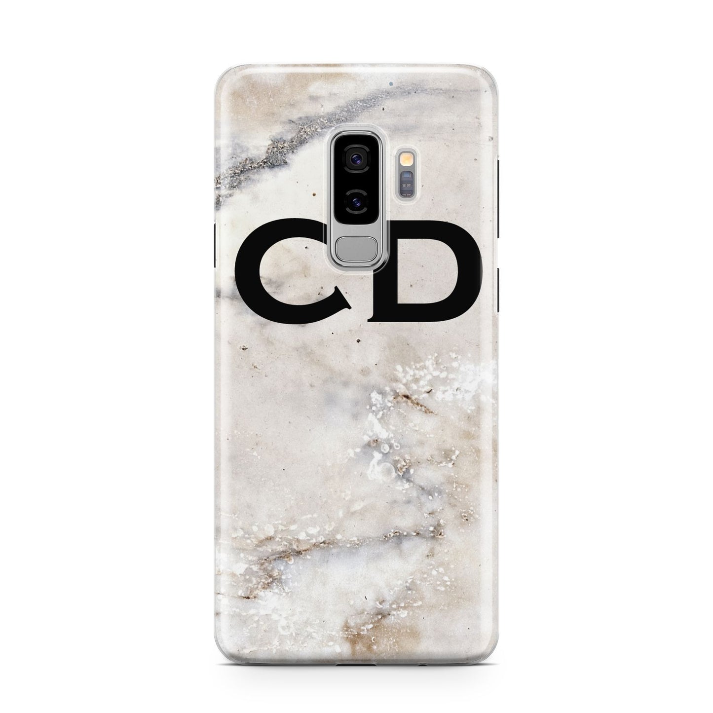 Black Initials Yellow Marble Samsung Galaxy S9 Plus Case on Silver phone