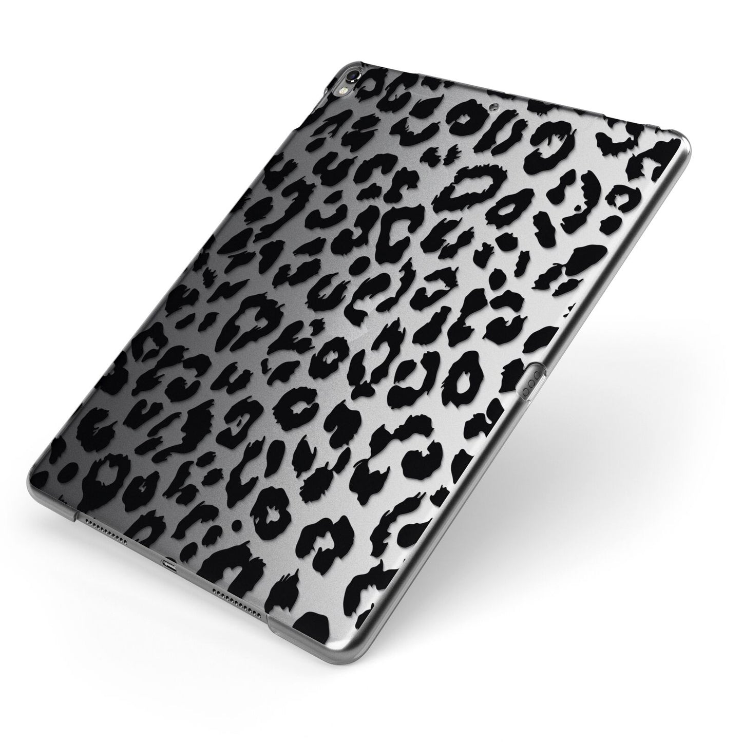 Black Leopard Print Apple iPad Case on Grey iPad Side View