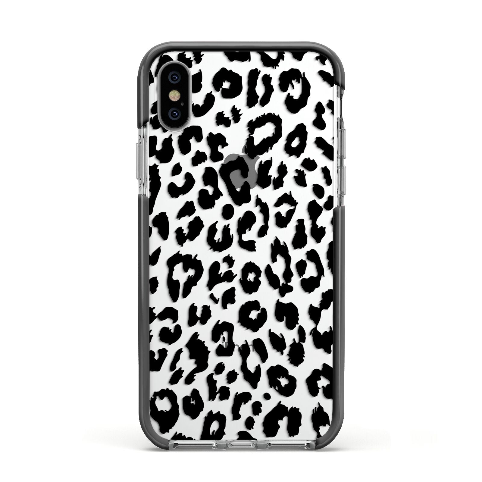Black Leopard Print Apple iPhone Xs Impact Case Black Edge on Silver Phone