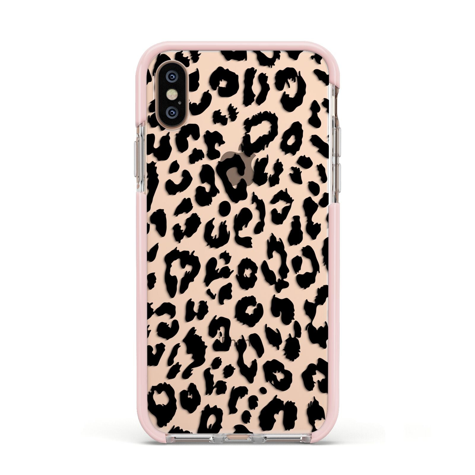 Black Leopard Print Apple iPhone Xs Impact Case Pink Edge on Gold Phone