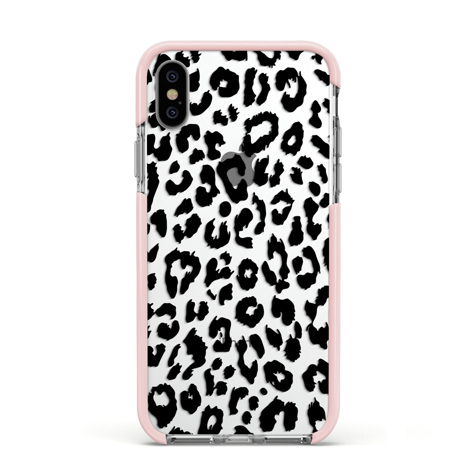 Black Leopard Print Apple iPhone Xs Impact Case Pink Edge on Silver Phone