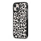 Black Leopard Print iPhone 13 Black Impact Case Side Angle on Silver phone