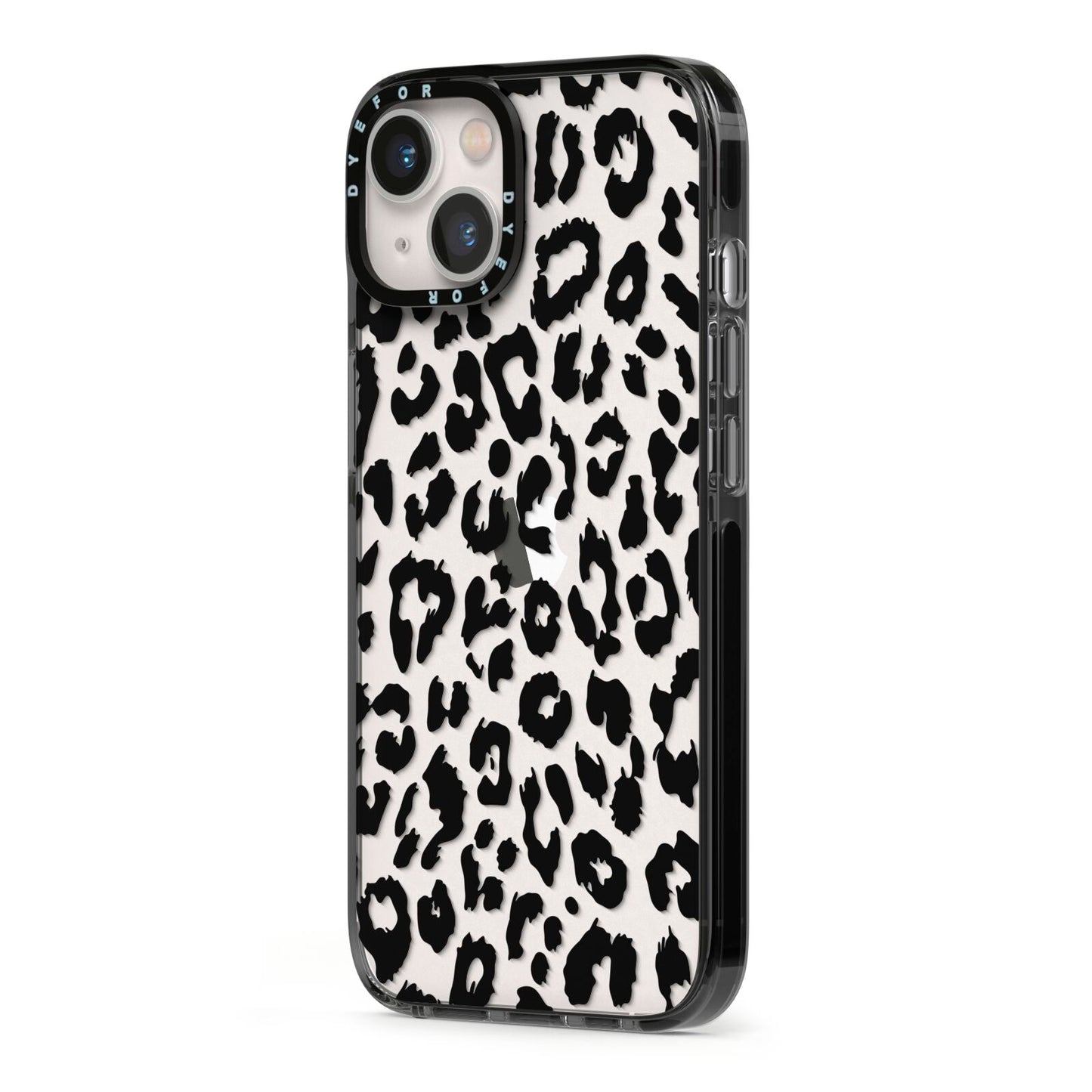 Black Leopard Print iPhone 13 Black Impact Case Side Angle on Silver phone