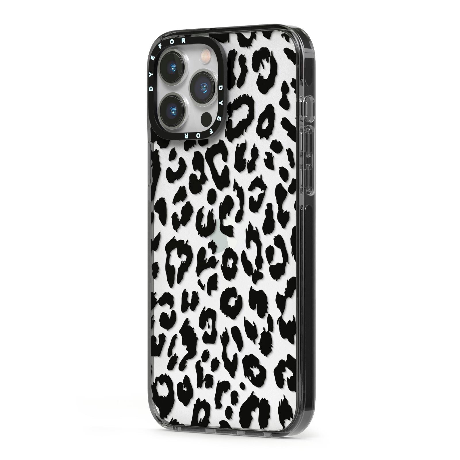 Black Leopard Print iPhone 13 Pro Max Black Impact Case Side Angle on Silver phone