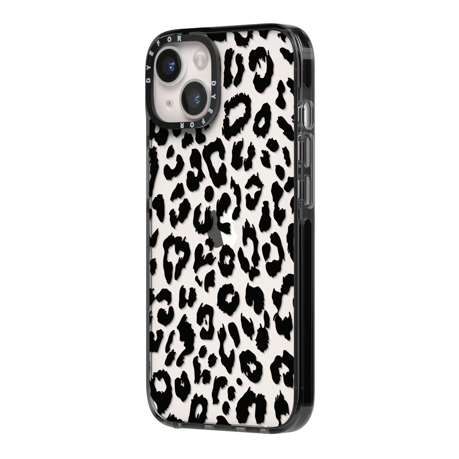 Black Leopard Print iPhone 14 Black Impact Case Side Angle on Silver phone
