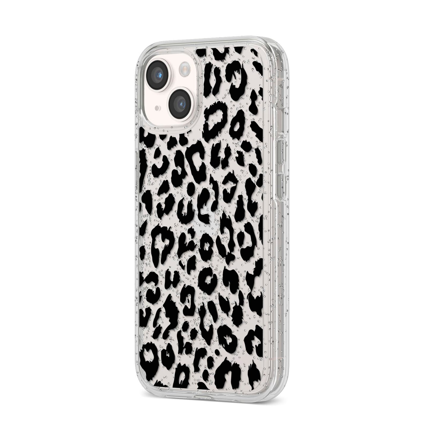 Black Leopard Print iPhone 14 Glitter Tough Case Starlight Angled Image