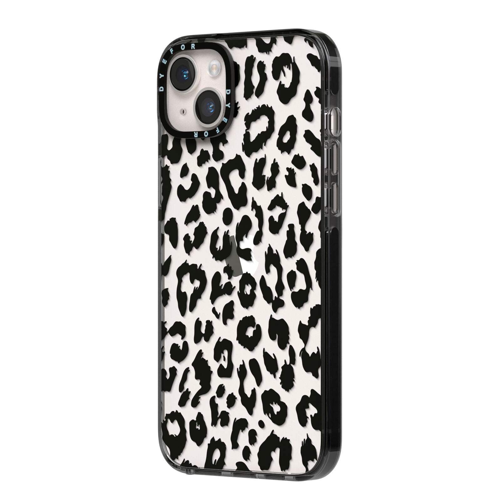 Black Leopard Print iPhone 14 Plus Black Impact Case Side Angle on Silver phone