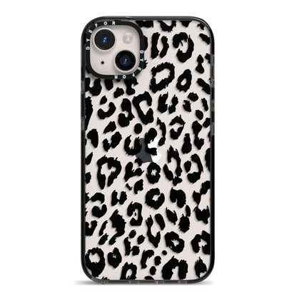 Black Leopard Print iPhone 14 Plus Black Impact Case on Silver phone