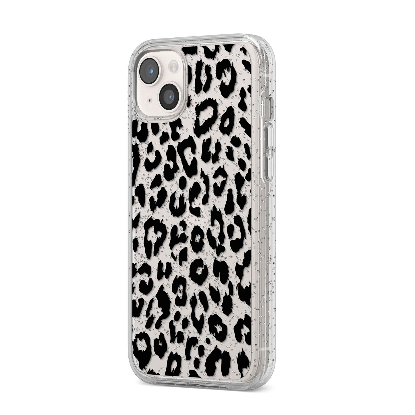 Black Leopard Print iPhone 14 Plus Glitter Tough Case Starlight Angled Image