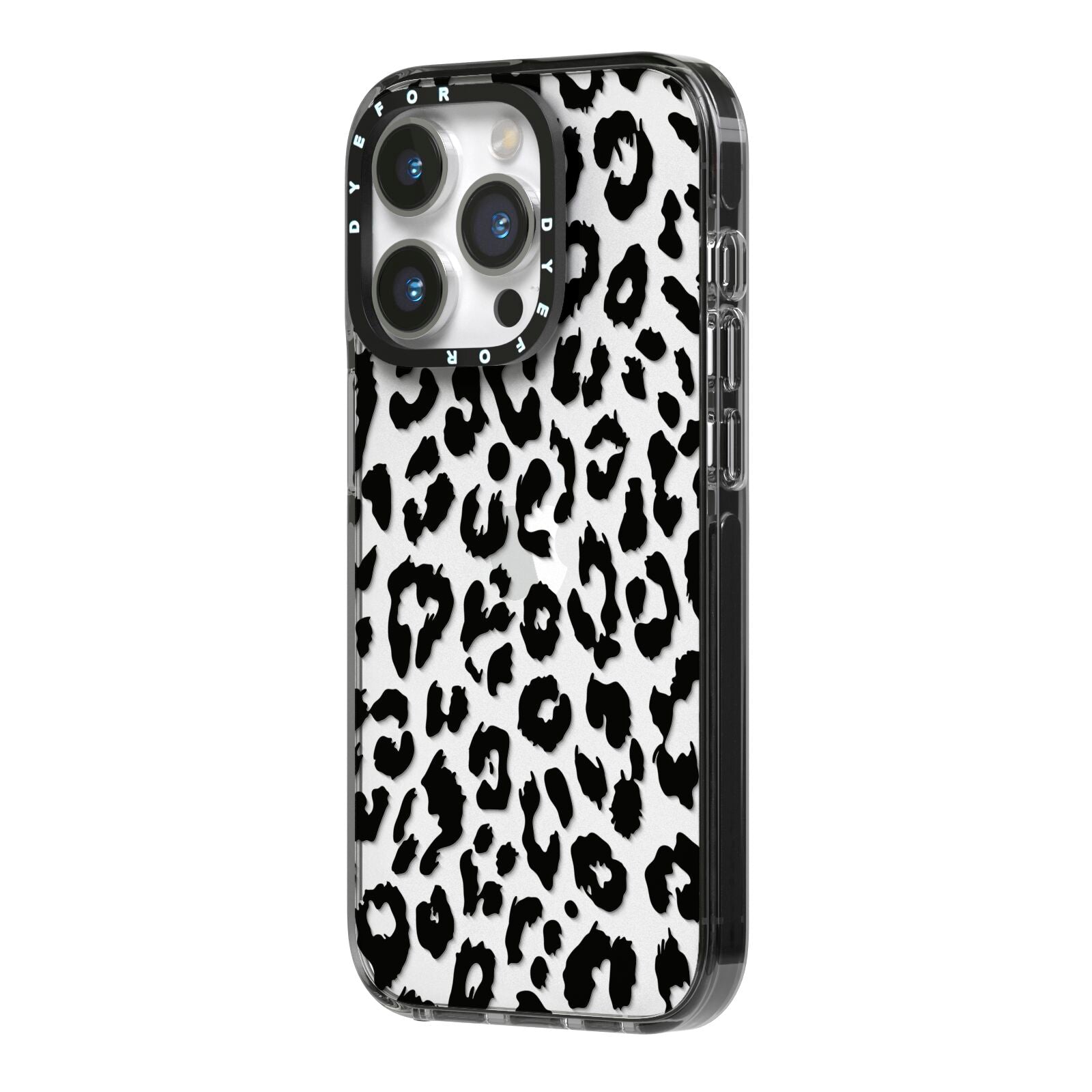 Black Leopard Print iPhone 14 Pro Black Impact Case Side Angle on Silver phone
