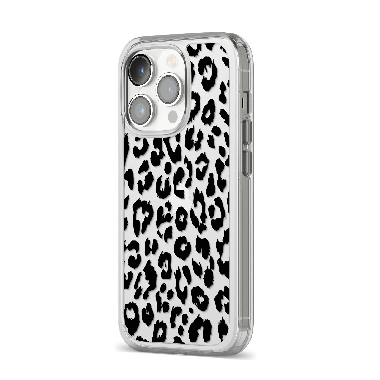 Black Leopard Print iPhone 14 Pro Clear Tough Case Silver Angled Image