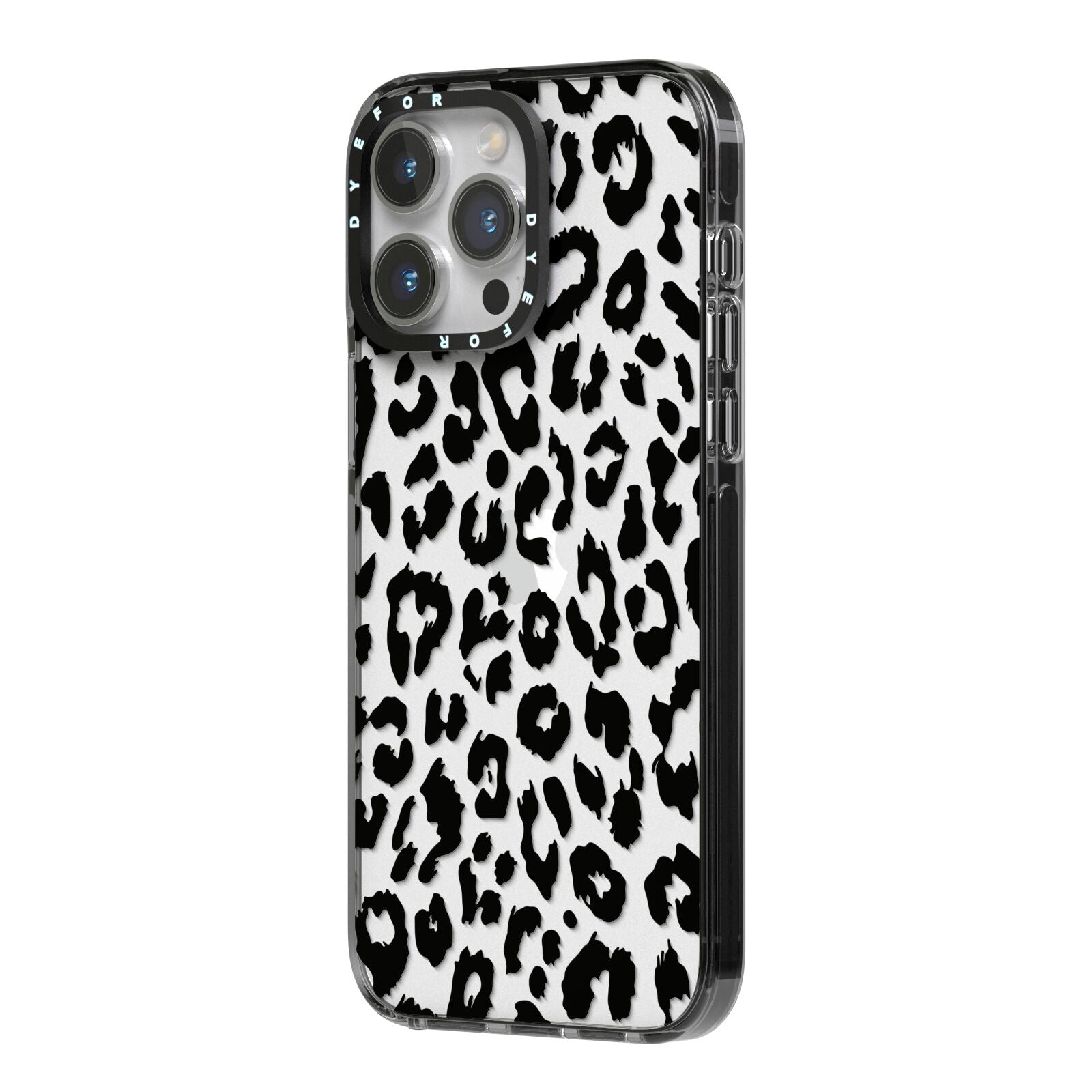 Black Leopard Print iPhone 14 Pro Max Black Impact Case Side Angle on Silver phone