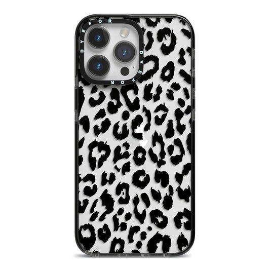 Black Leopard Print iPhone 14 Pro Max Black Impact Case on Silver phone