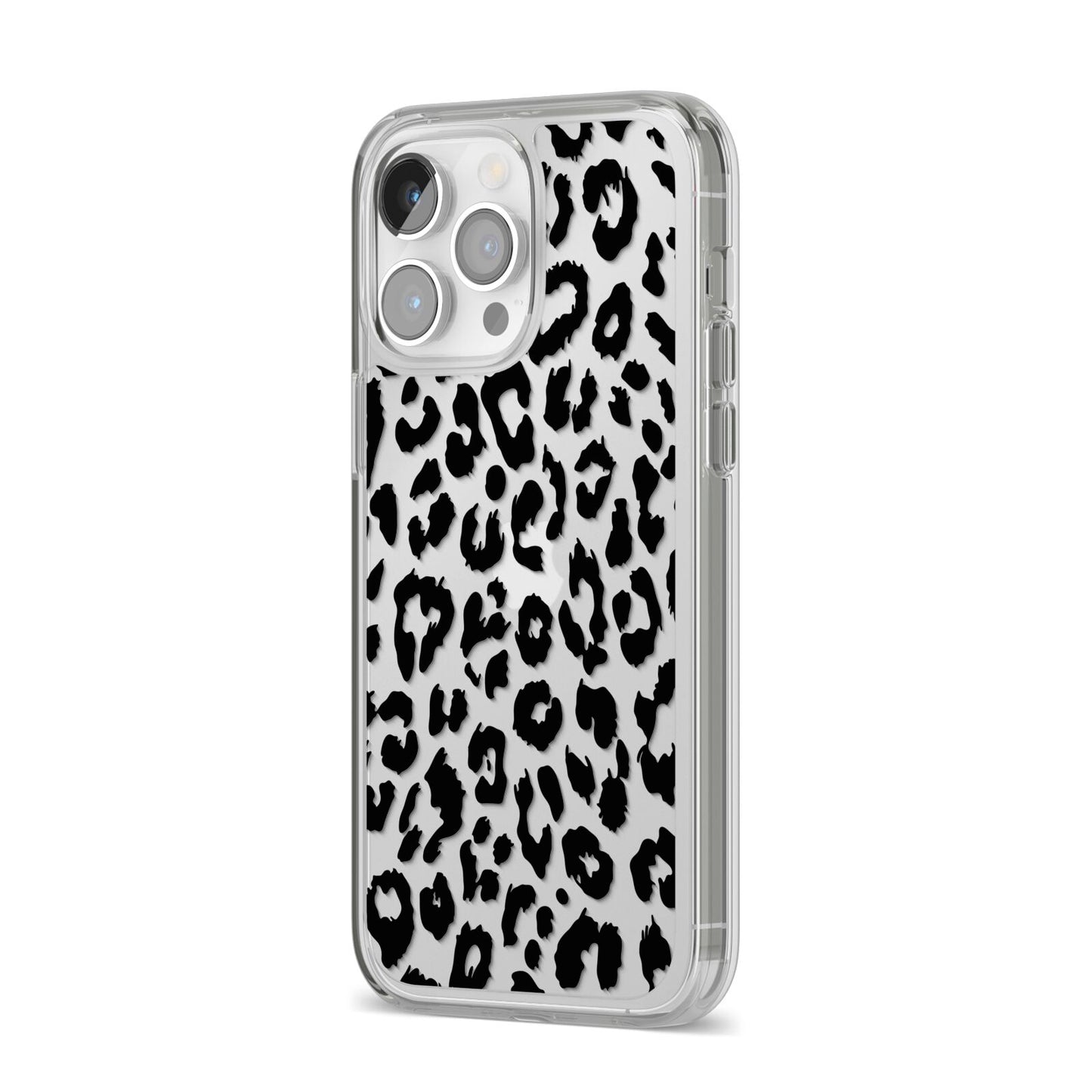 Black Leopard Print iPhone 14 Pro Max Clear Tough Case Silver Angled Image