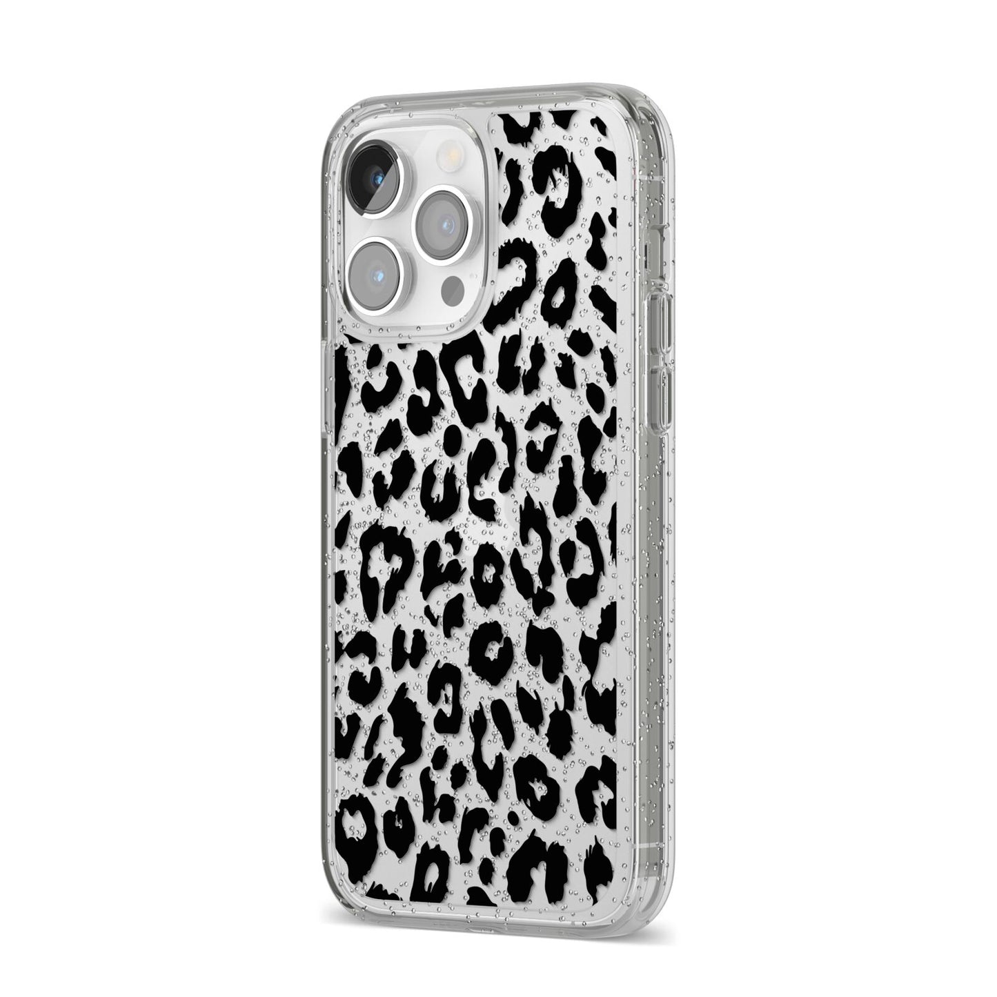 Black Leopard Print iPhone 14 Pro Max Glitter Tough Case Silver Angled Image