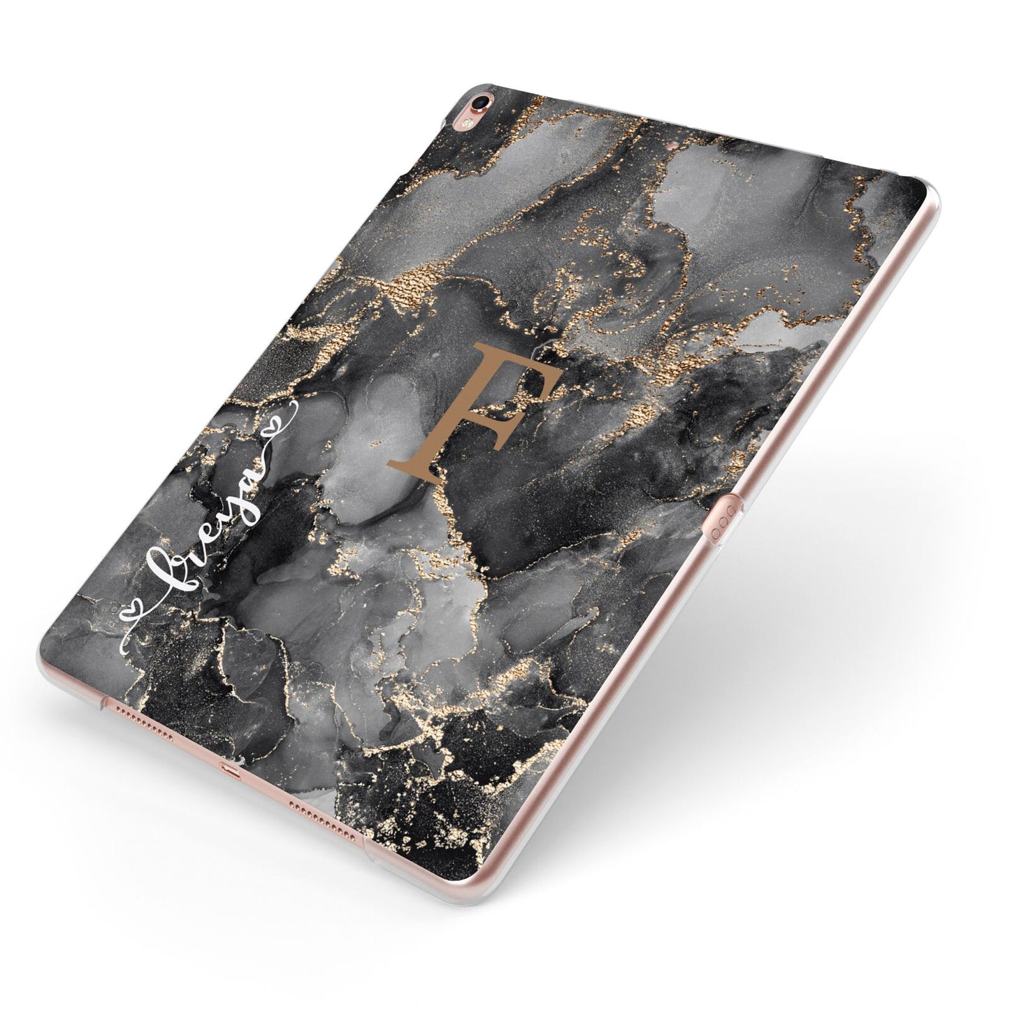 Black Marble Apple iPad Case on Rose Gold iPad Side View