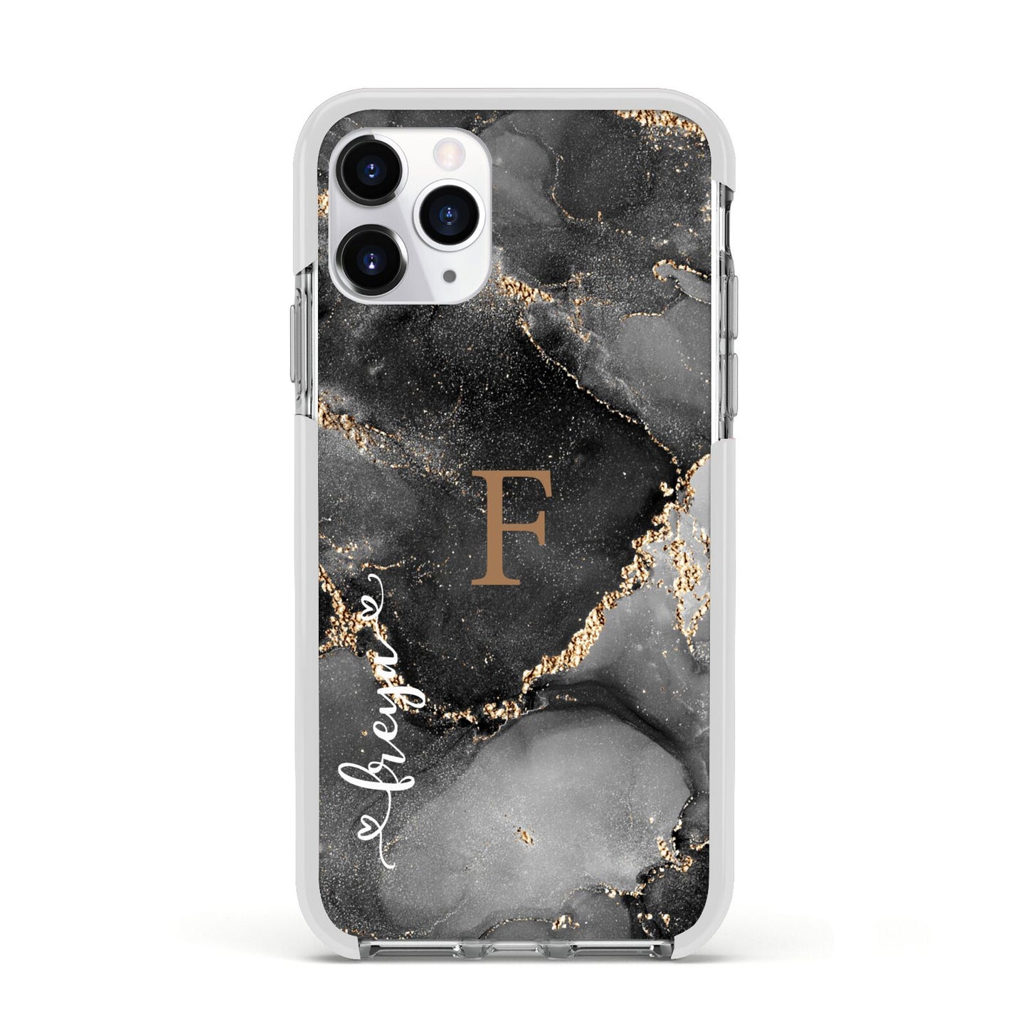 Black Marble Apple iPhone 11 Pro in Silver with White Impact Case