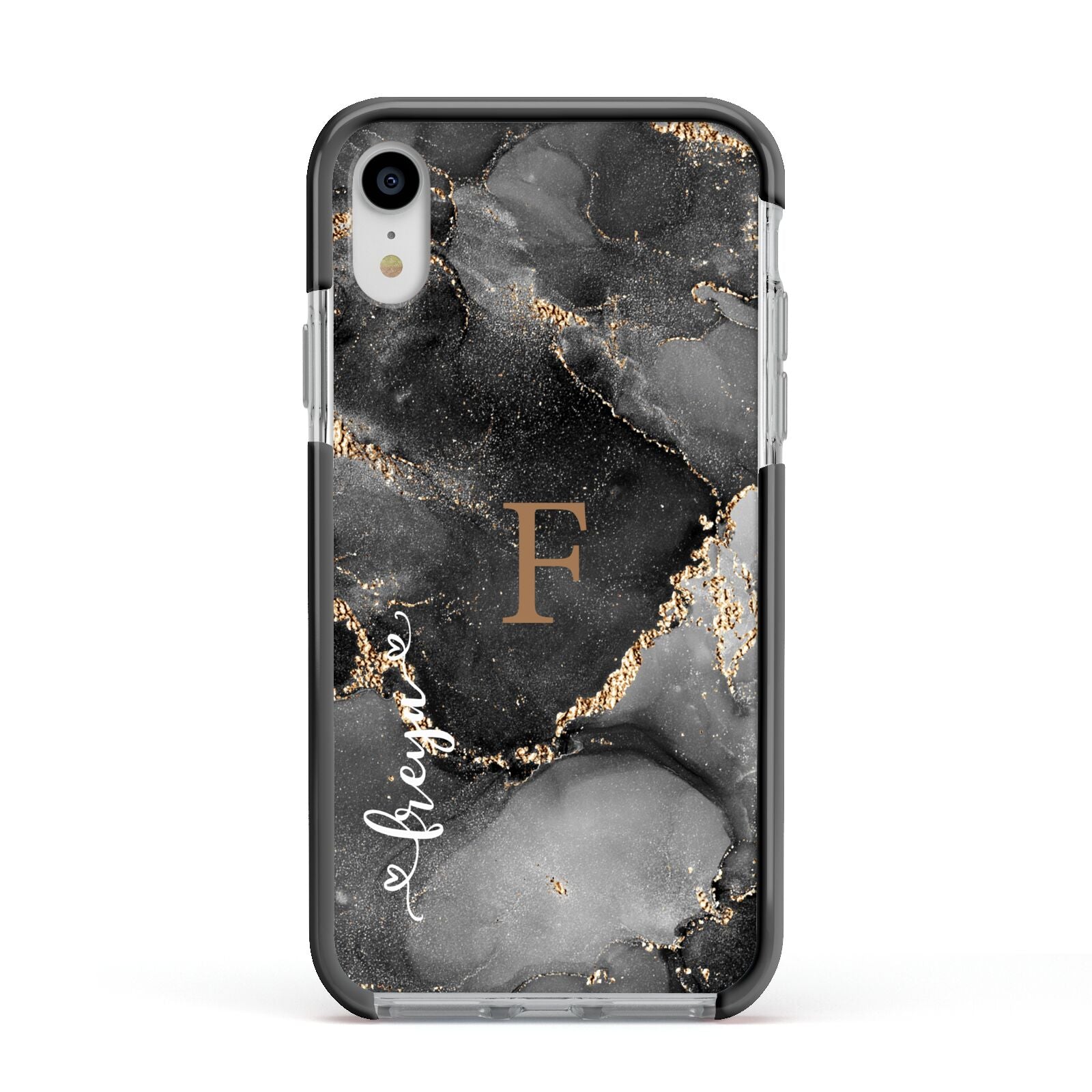 Black Marble Apple iPhone XR Impact Case Black Edge on Silver Phone