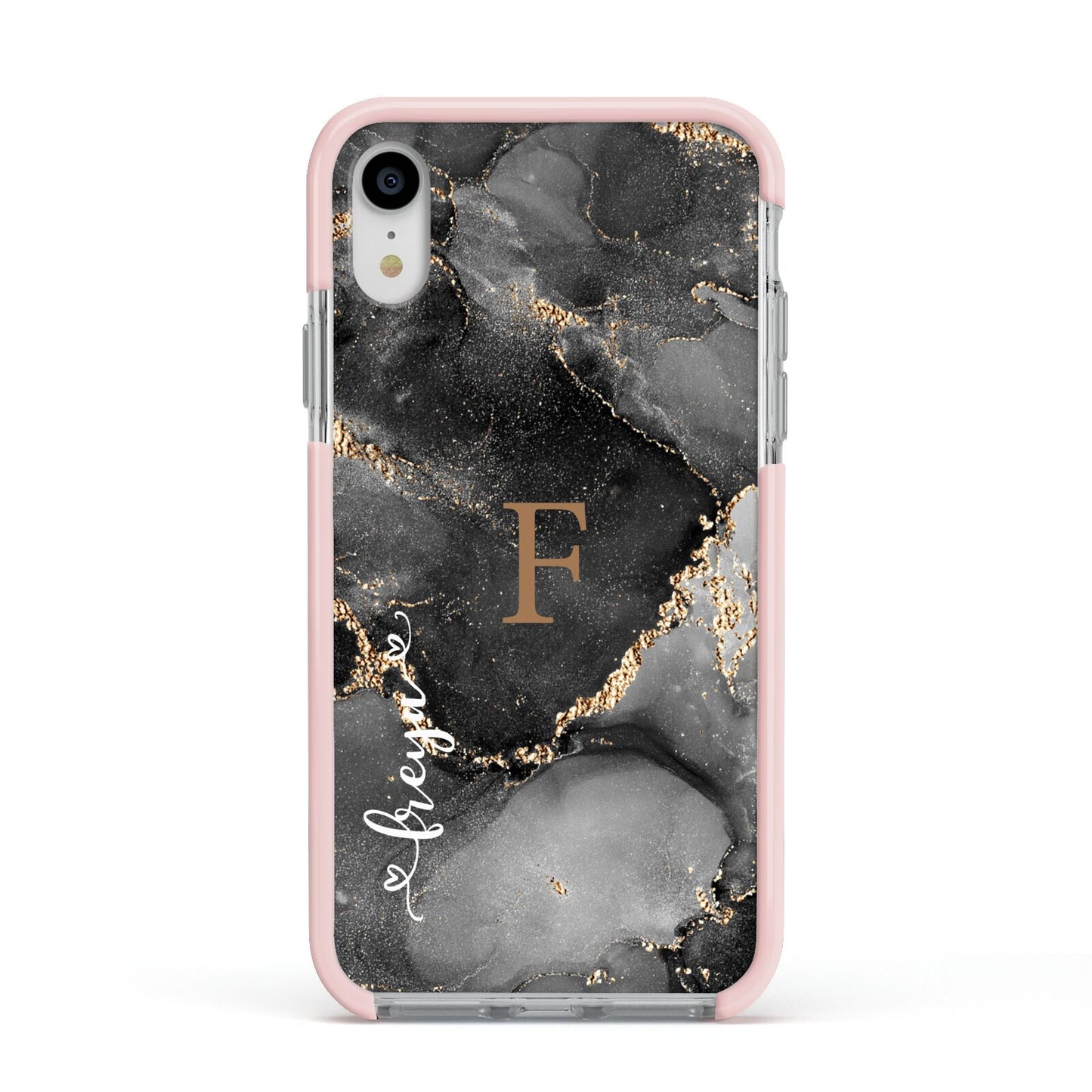 Black Marble Apple iPhone XR Impact Case Pink Edge on Silver Phone