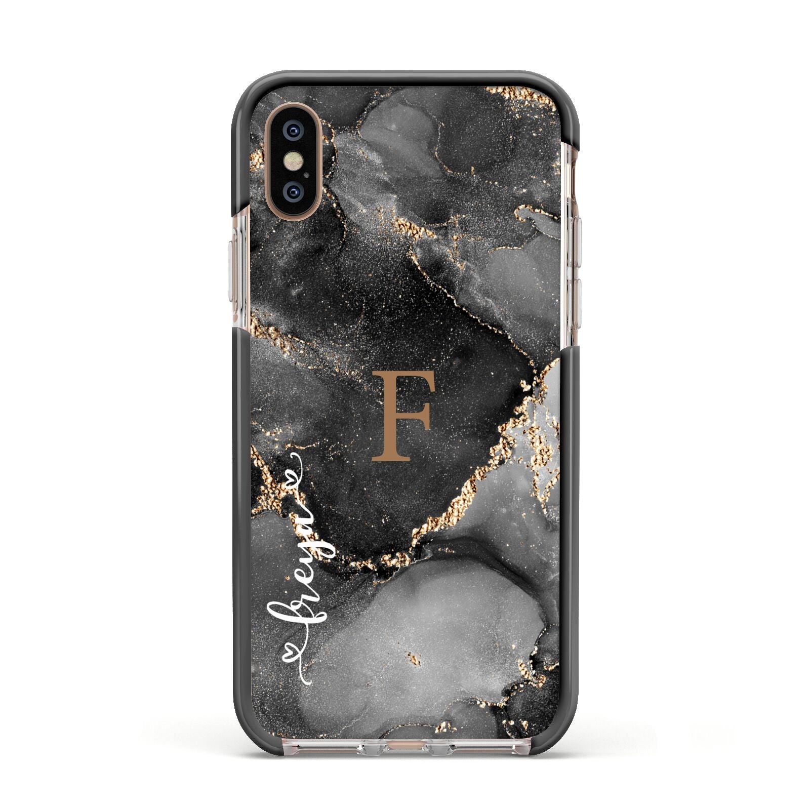 Black Marble Apple iPhone Xs Impact Case Black Edge on Gold Phone