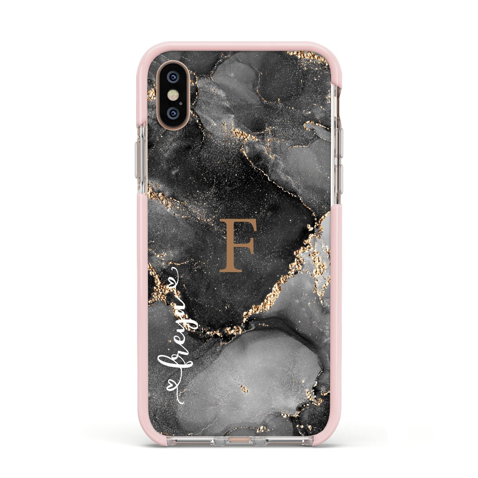Black Marble Apple iPhone Xs Impact Case Pink Edge on Gold Phone