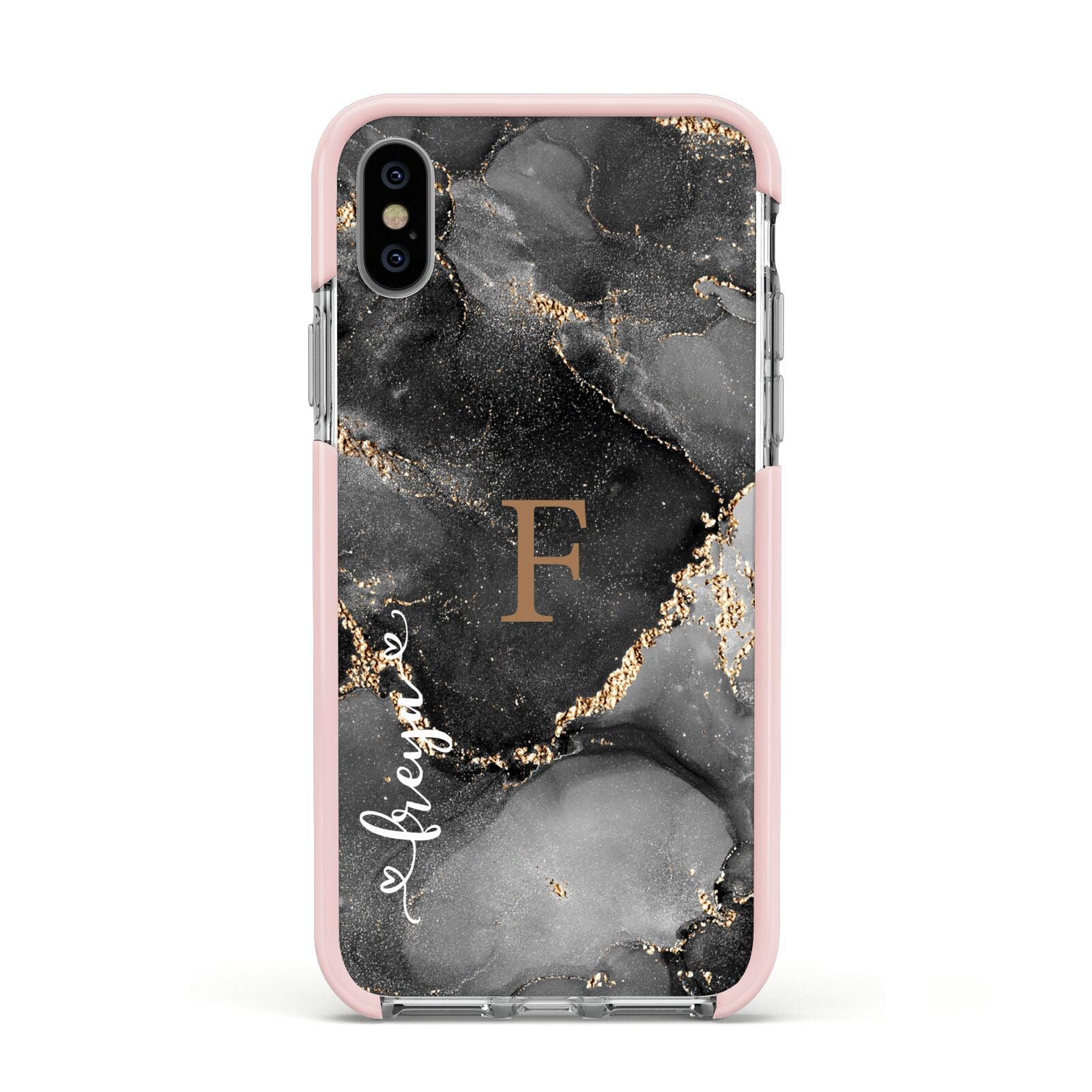 Black Marble Apple iPhone Xs Impact Case Pink Edge on Silver Phone