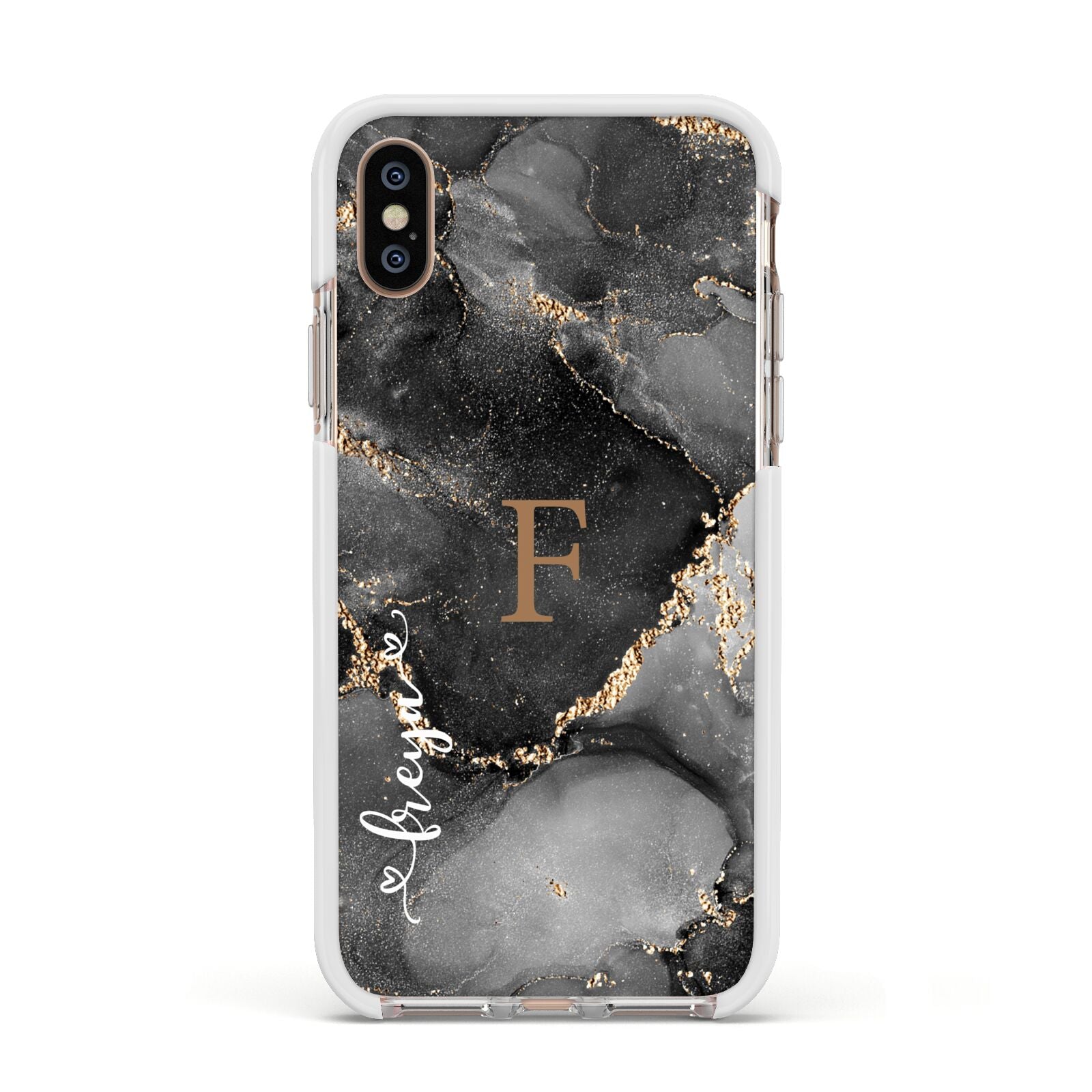 Black Marble Apple iPhone Xs Impact Case White Edge on Gold Phone