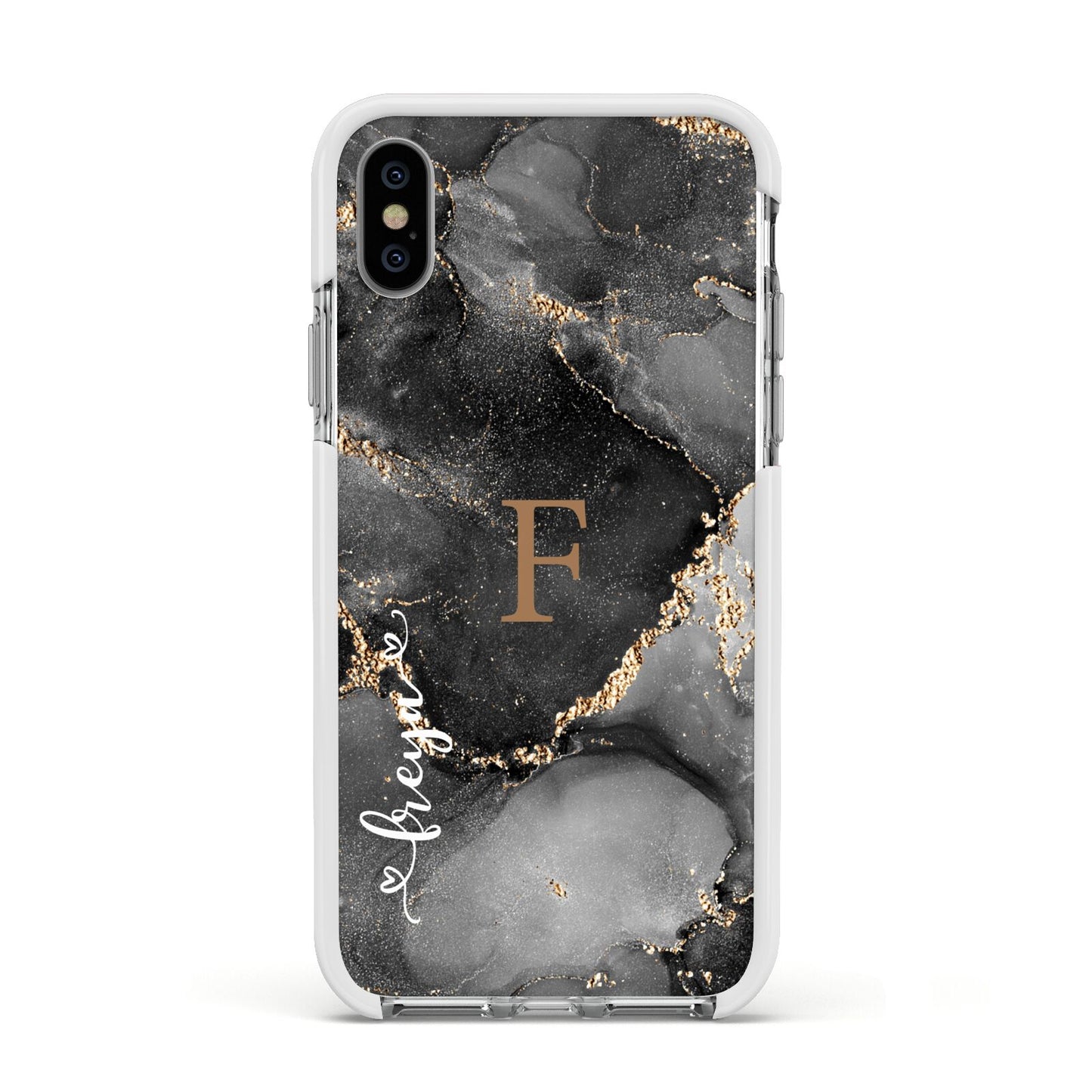 Black Marble Apple iPhone Xs Impact Case White Edge on Silver Phone