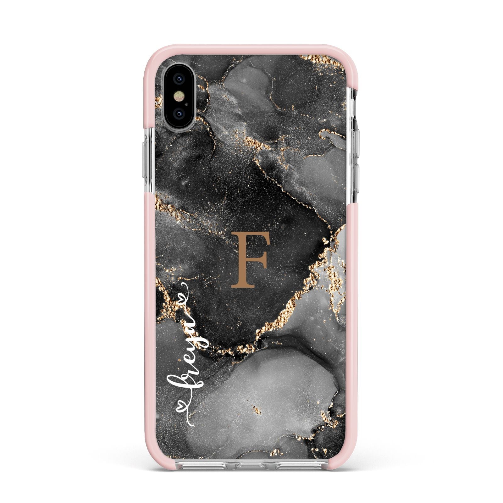 Black Marble Apple iPhone Xs Max Impact Case Pink Edge on Silver Phone