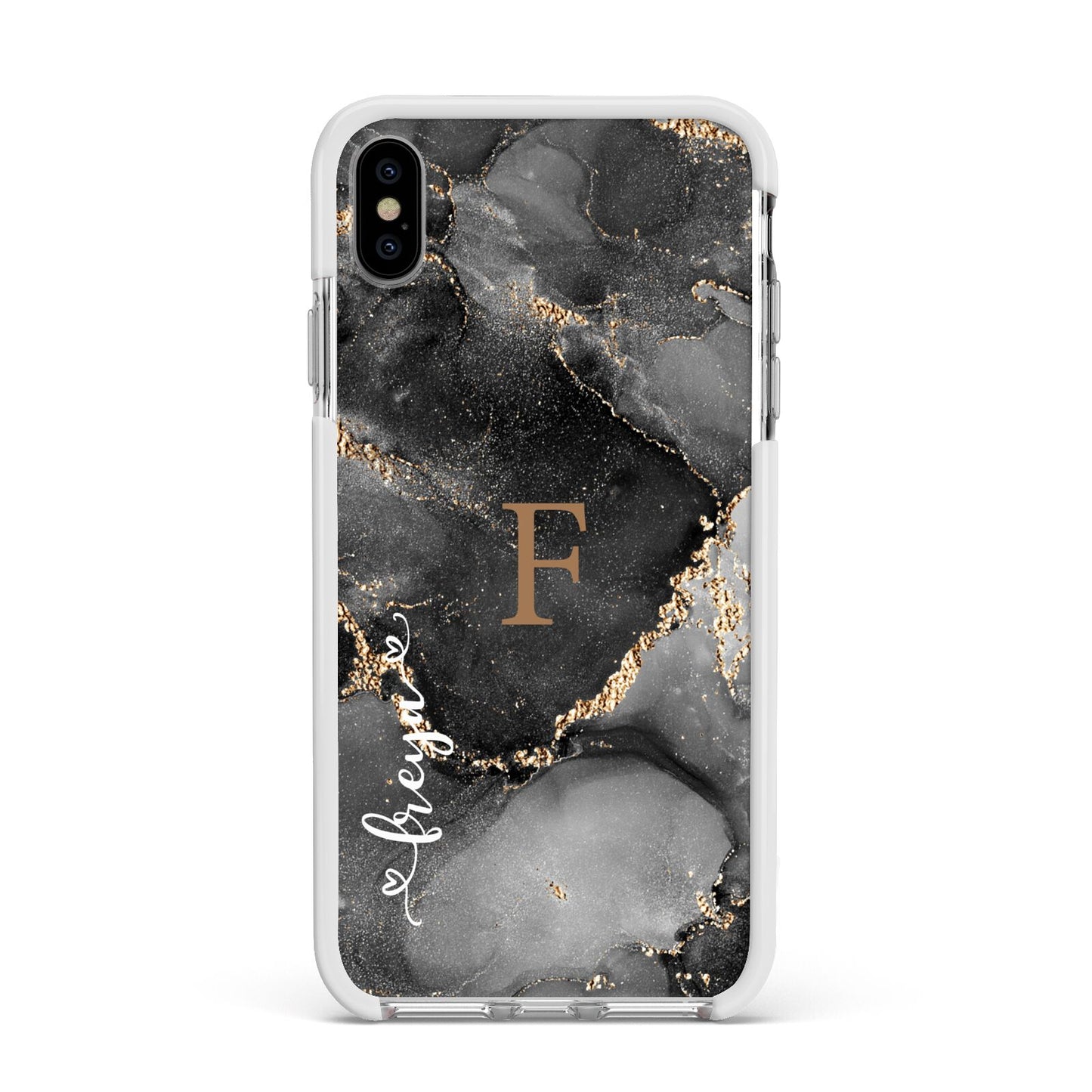 Black Marble Apple iPhone Xs Max Impact Case White Edge on Silver Phone