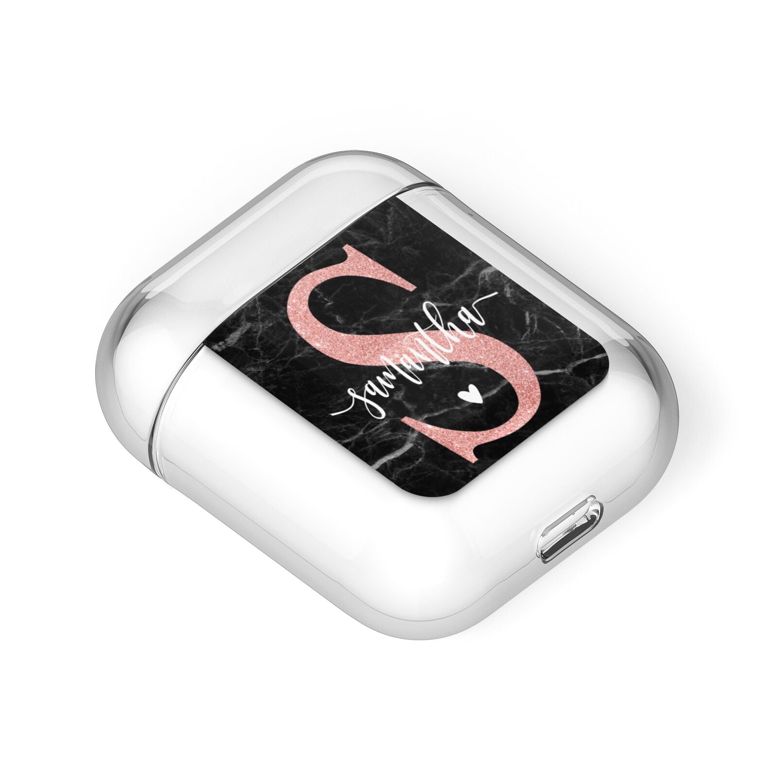 Black Marble Personalised Glitter Initial Name AirPods Case Laid Flat