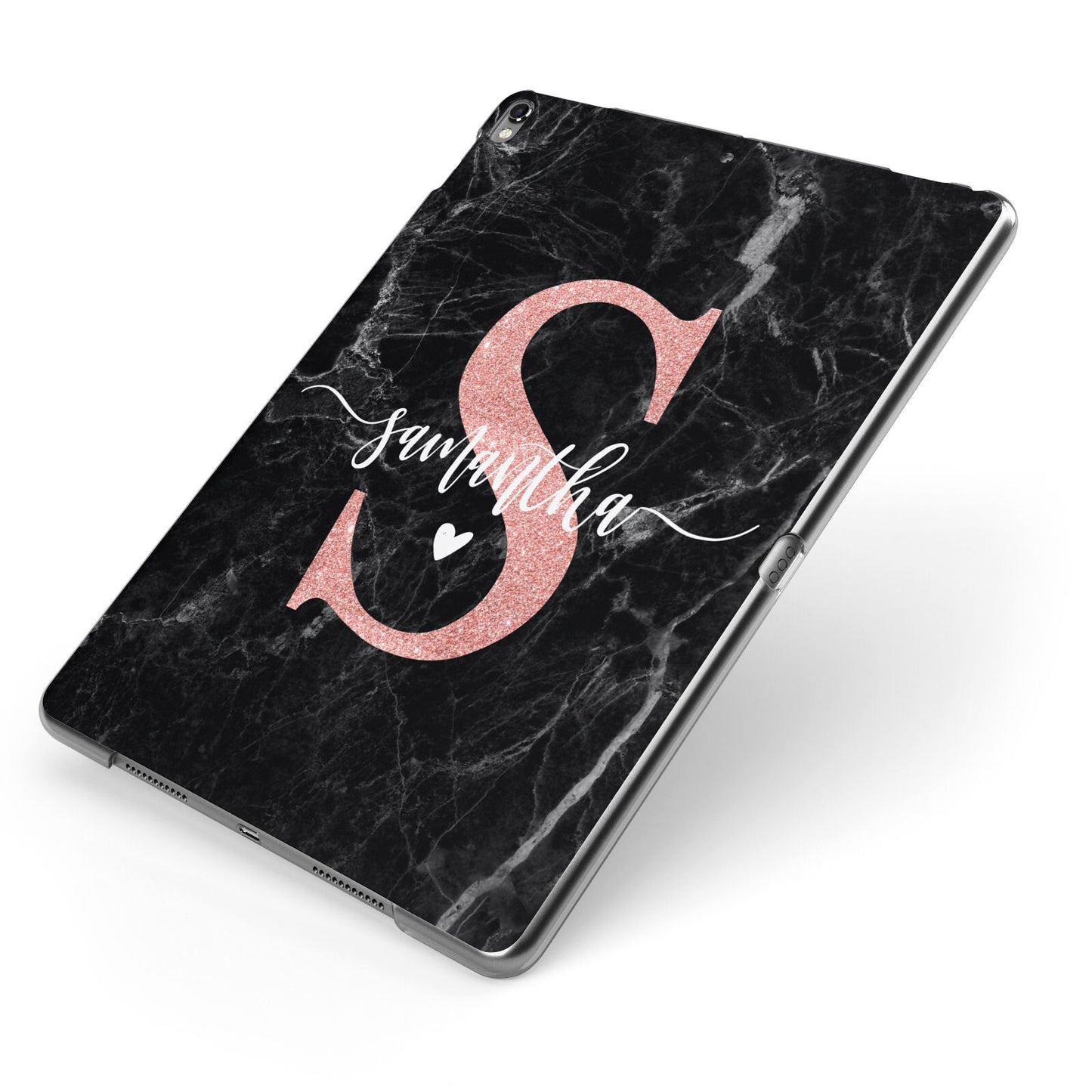 Black Marble Personalised Glitter Initial Name Apple iPad Case on Grey iPad Side View