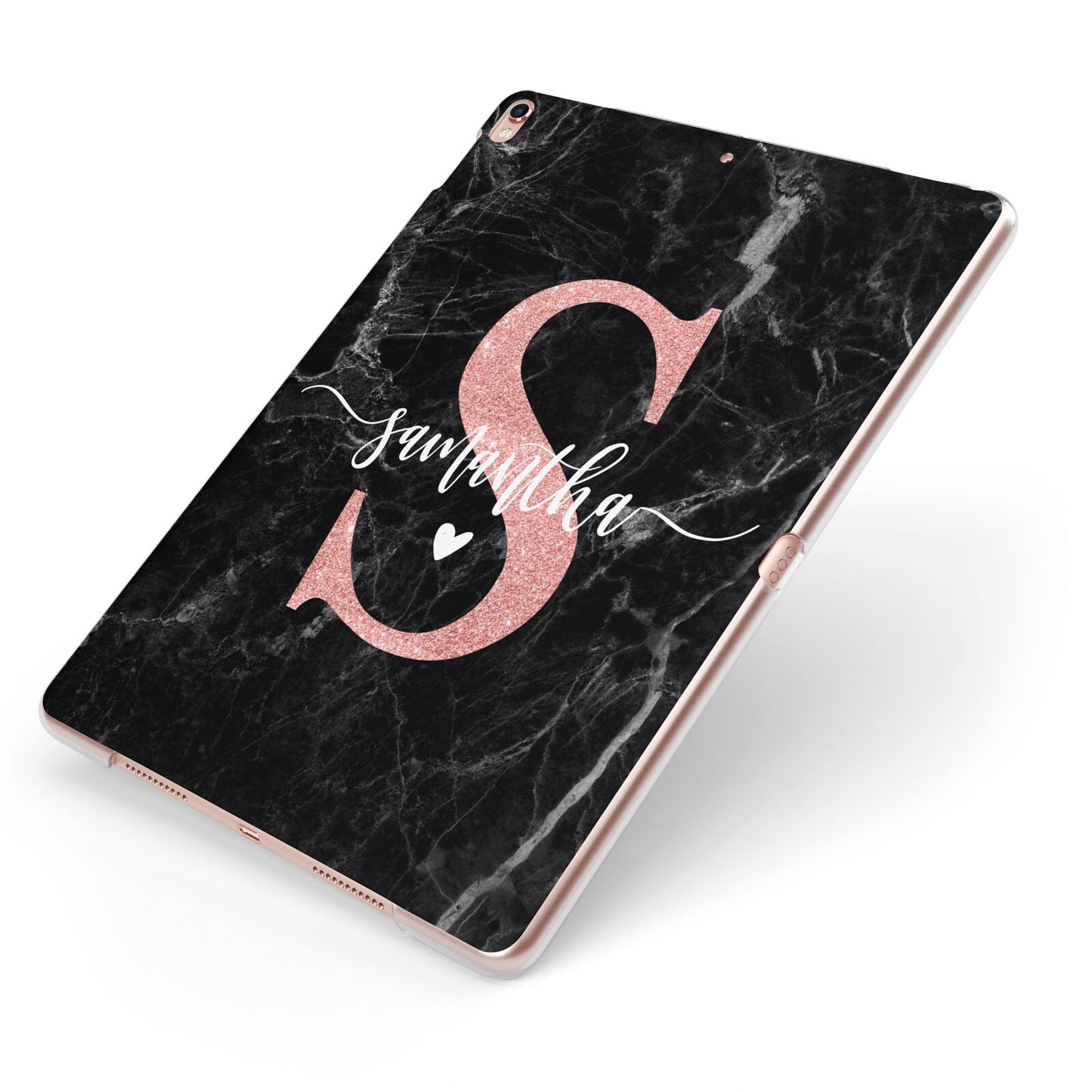Black Marble Personalised Glitter Initial Name Apple iPad Case on Rose Gold iPad Side View
