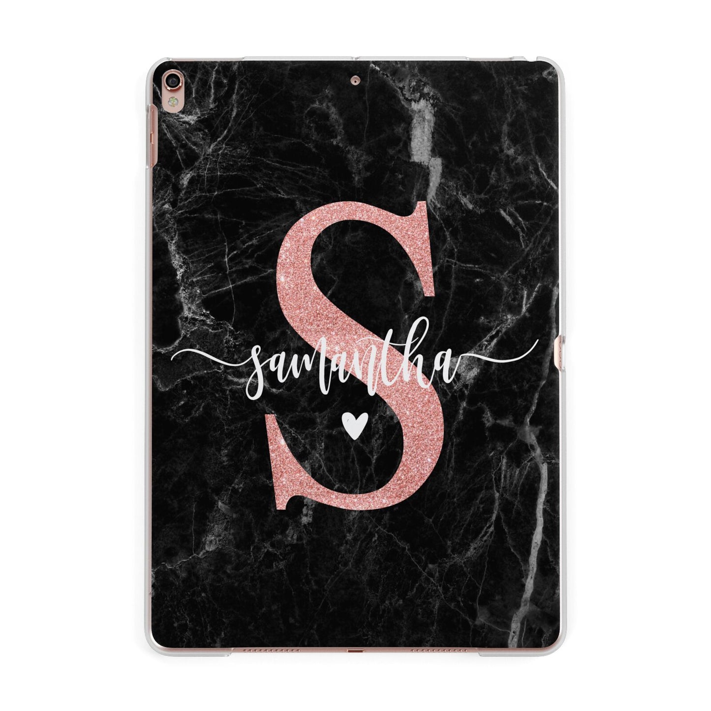 Black Marble Personalised Glitter Initial Name Apple iPad Rose Gold Case