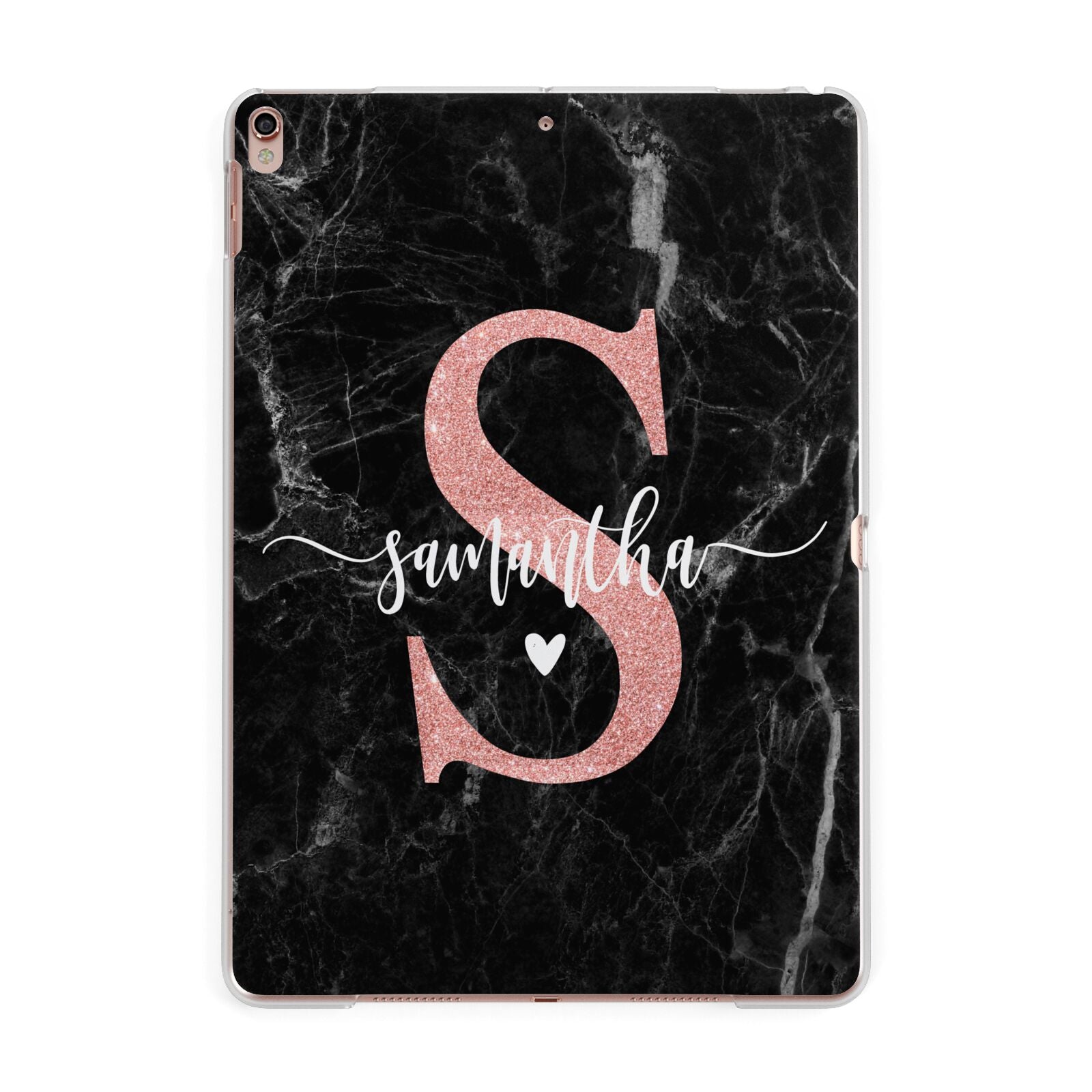 Black Marble Personalised Glitter Initial Name Apple iPad Rose Gold Case