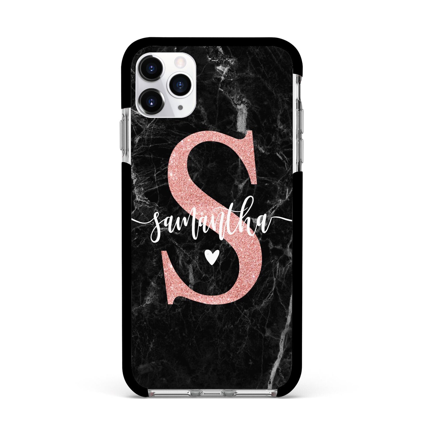 Black Marble Personalised Glitter Initial Name Apple iPhone 11 Pro Max in Silver with Black Impact Case