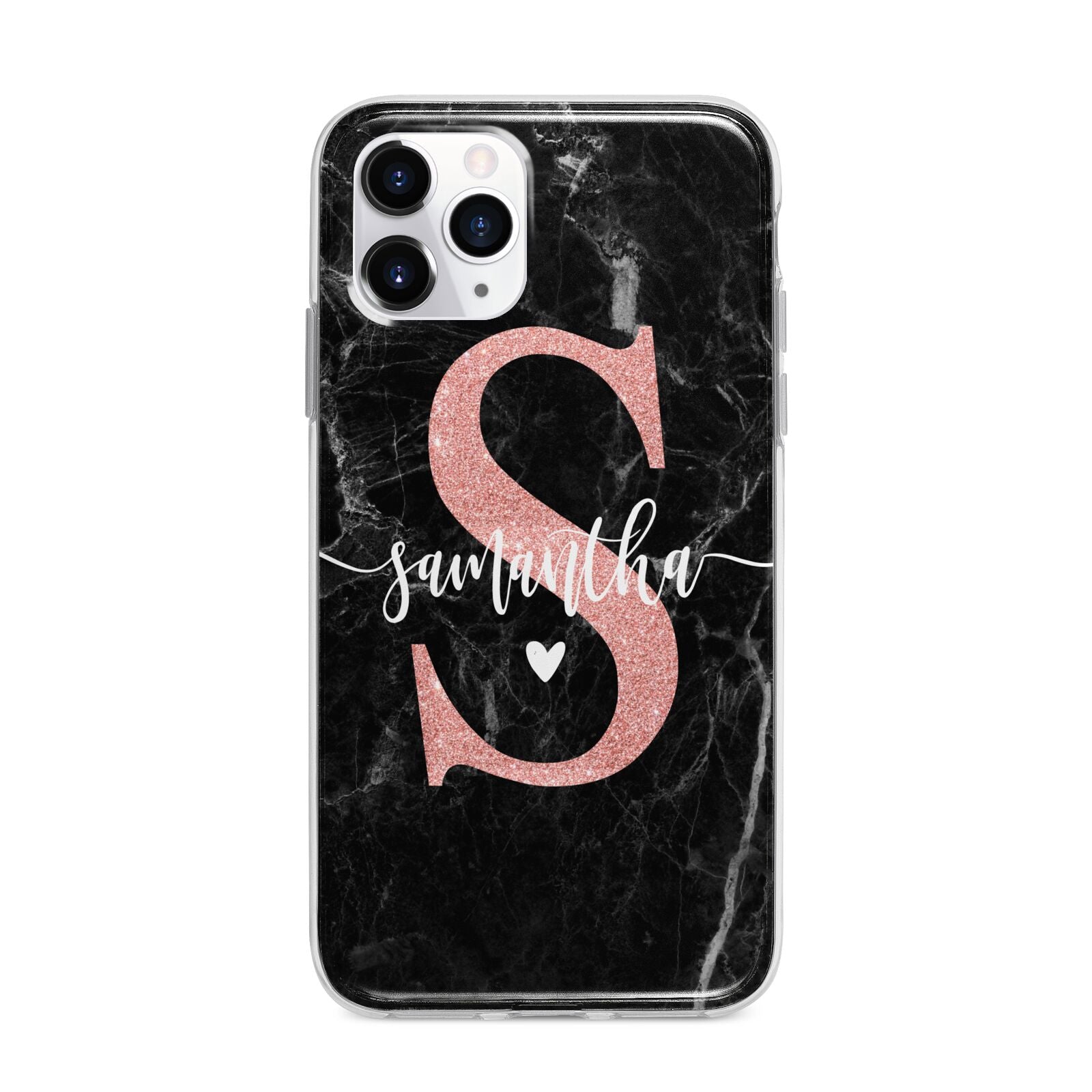 Black Marble Personalised Glitter Initial Name Apple iPhone 11 Pro Max in Silver with Bumper Case