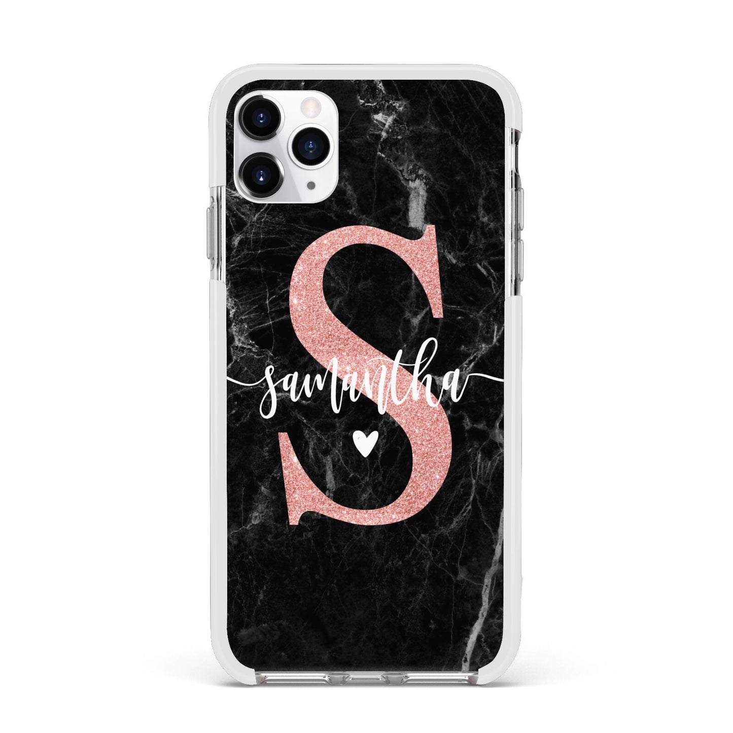Black Marble Personalised Glitter Initial Name Apple iPhone 11 Pro Max in Silver with White Impact Case