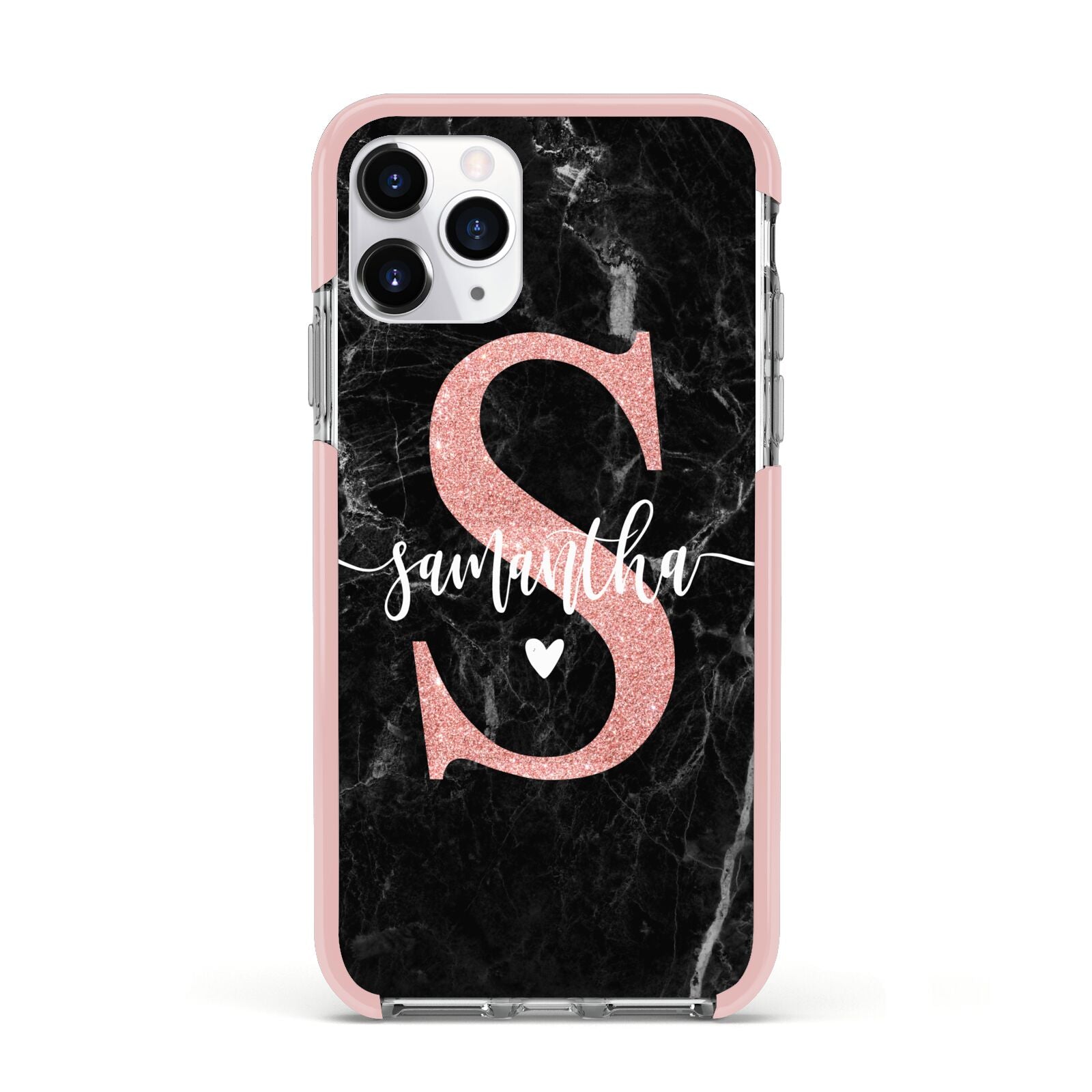 Black Marble Personalised Glitter Initial Name Apple iPhone 11 Pro in Silver with Pink Impact Case