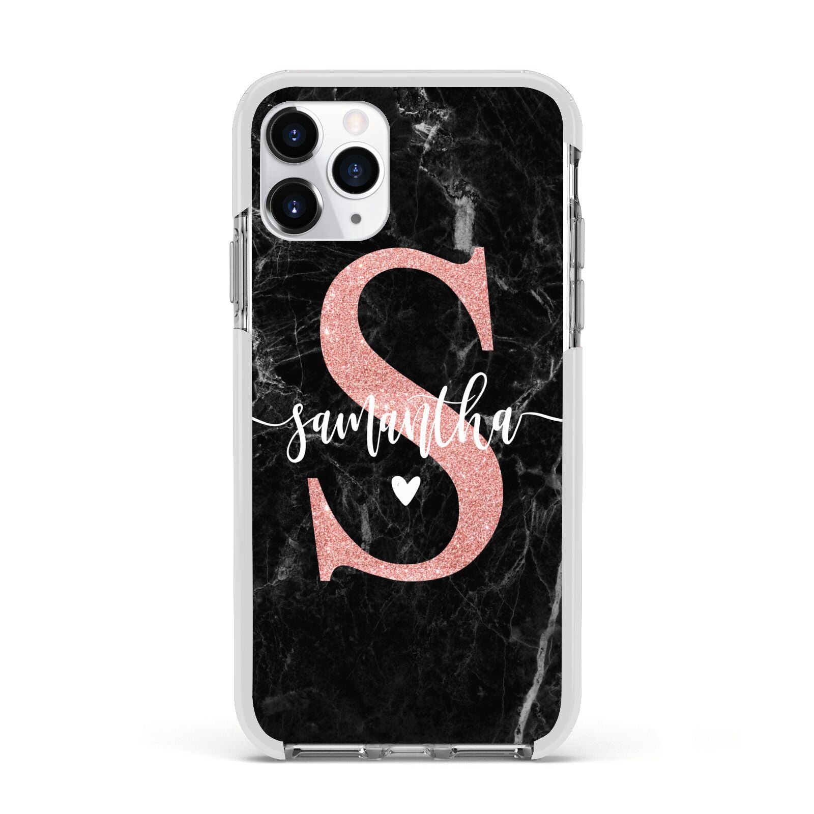 Black Marble Personalised Glitter Initial Name Apple iPhone 11 Pro in Silver with White Impact Case