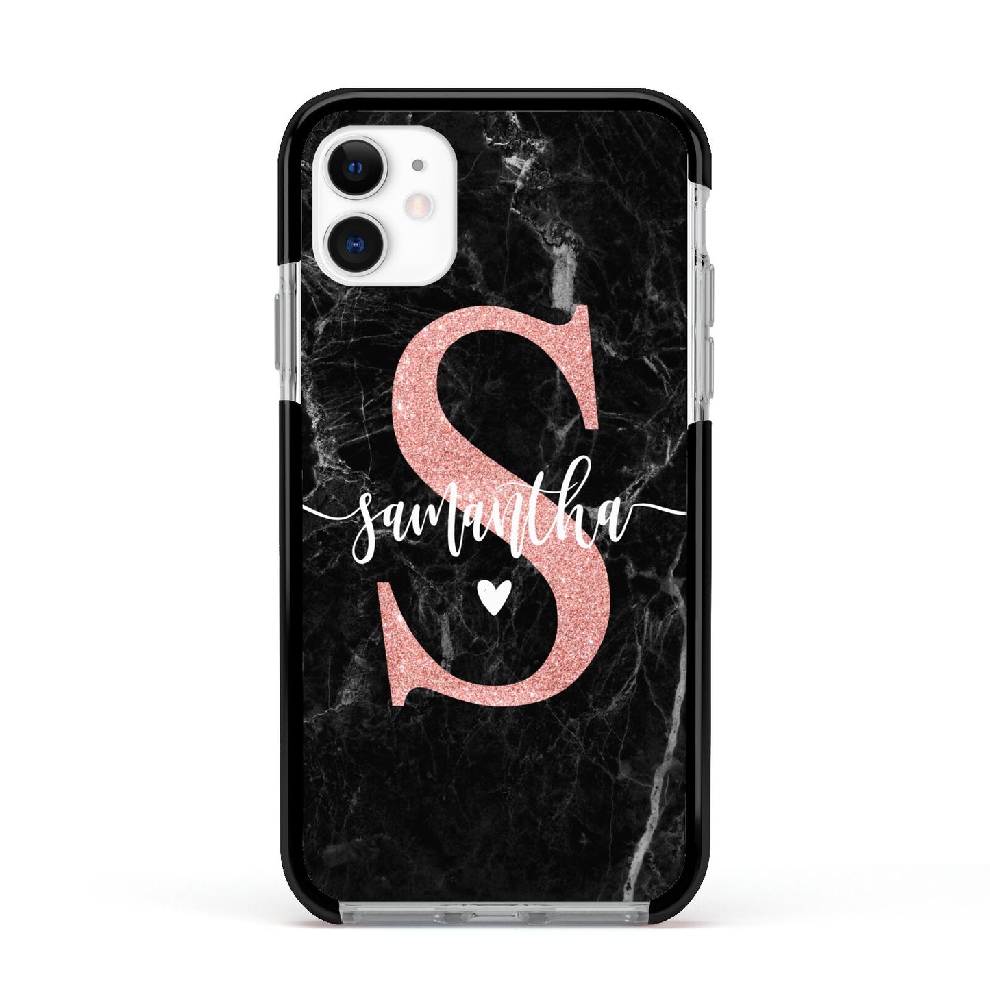 Black Marble Personalised Glitter Initial Name Apple iPhone 11 in White with Black Impact Case