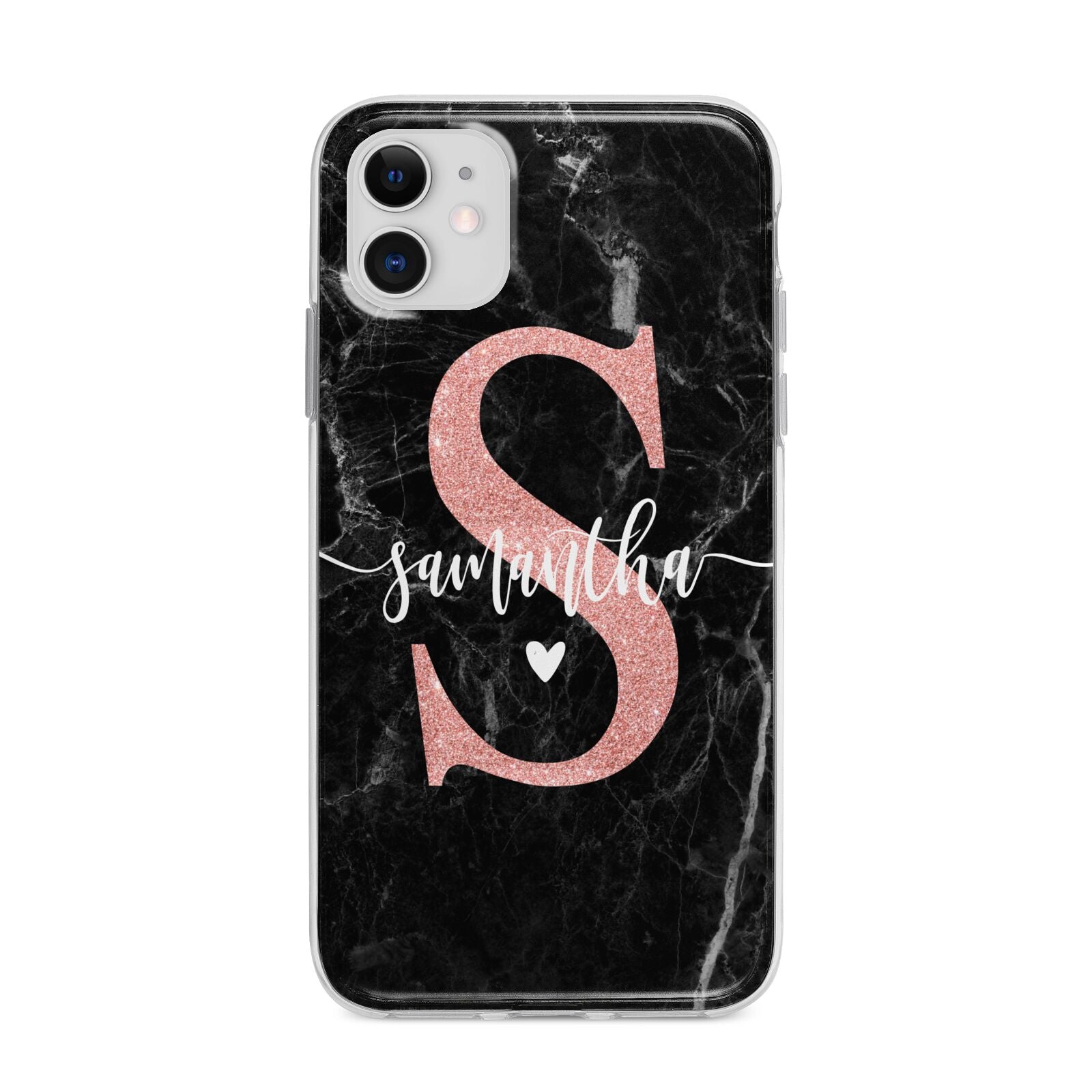 Black Marble Personalised Glitter Initial Name Apple iPhone 11 in White with Bumper Case