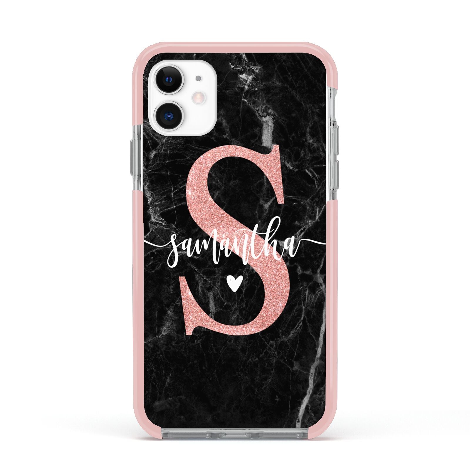 Black Marble Personalised Glitter Initial Name Apple iPhone 11 in White with Pink Impact Case