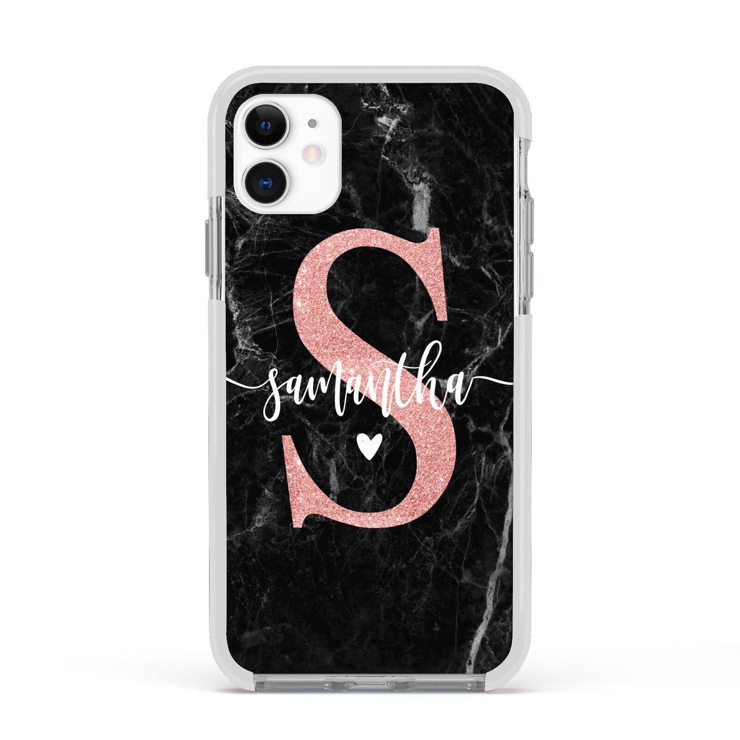 Black Marble Personalised Glitter Initial Name Apple iPhone 11 in White with White Impact Case