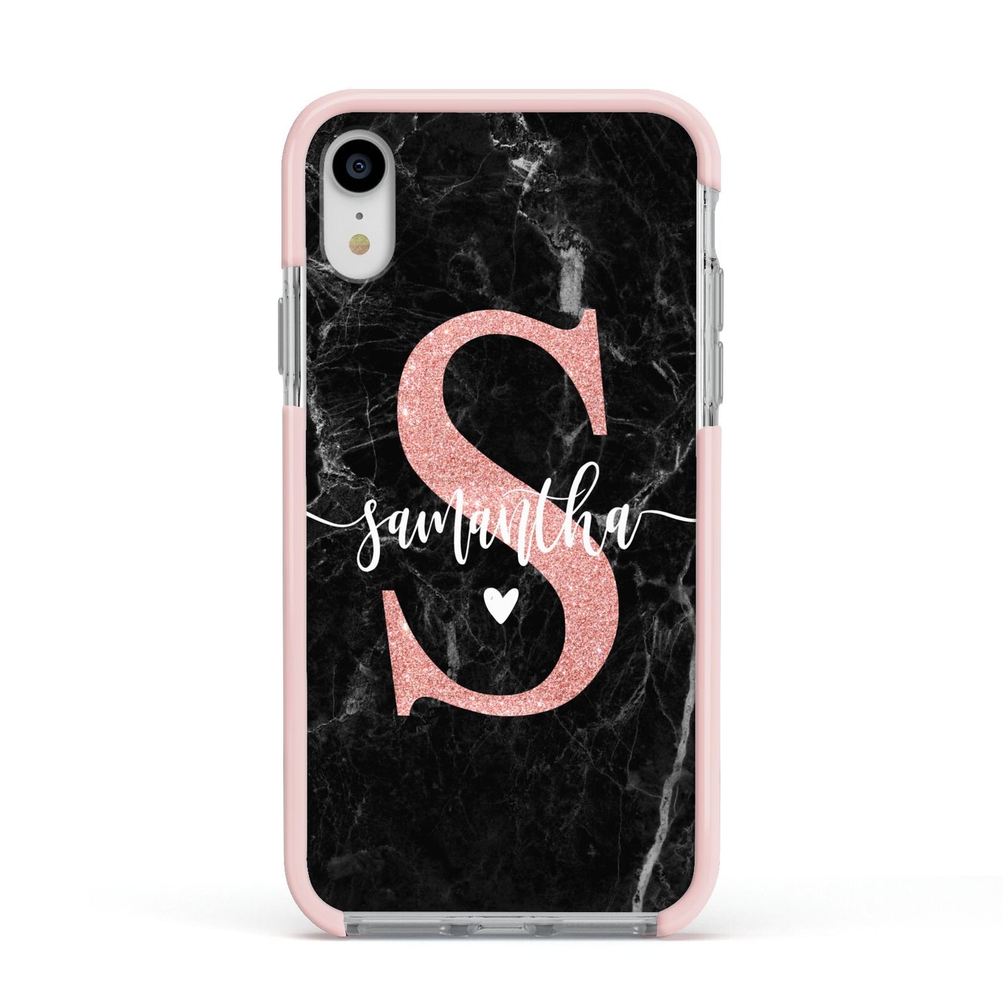 Black Marble Personalised Glitter Initial Name Apple iPhone XR Impact Case Pink Edge on Silver Phone