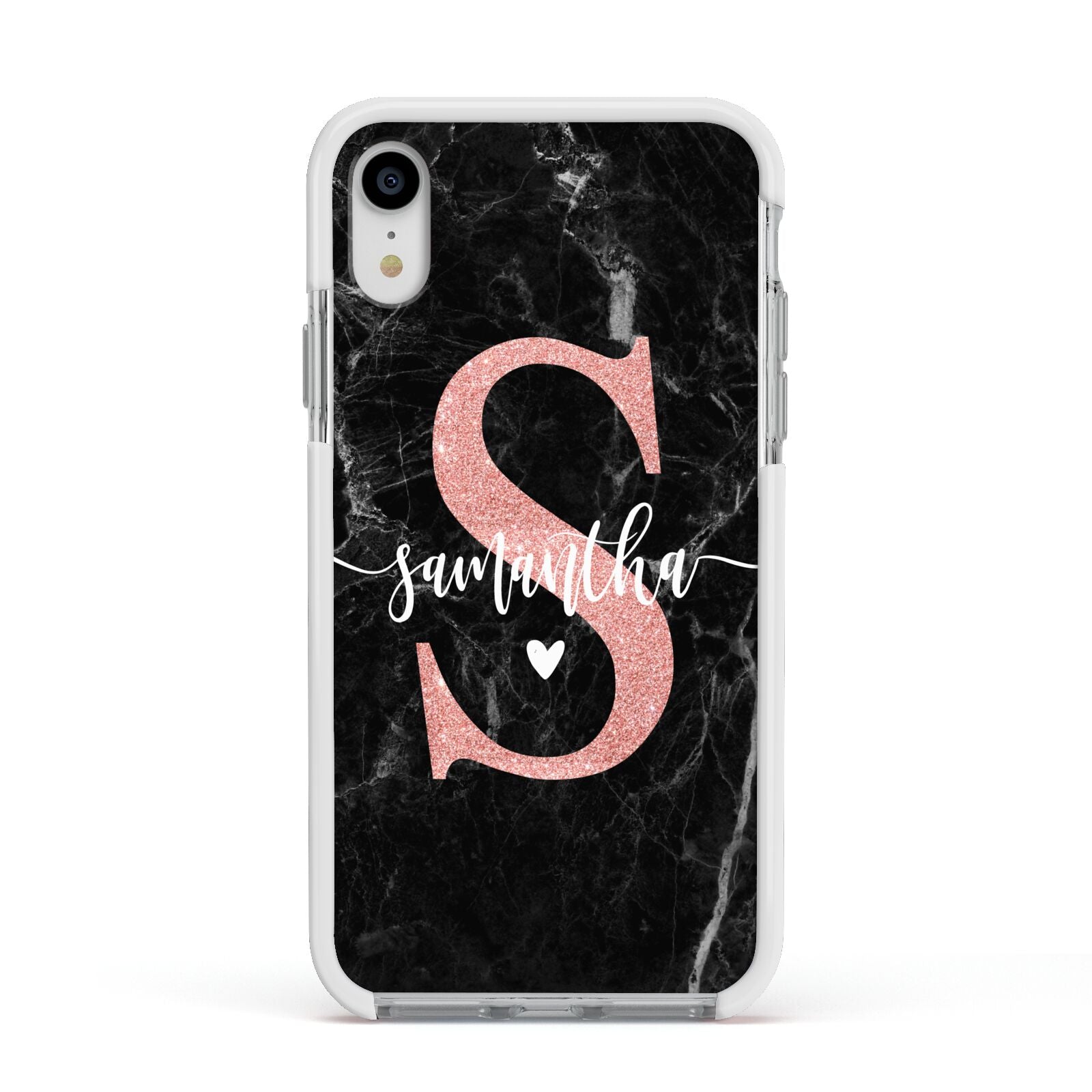 Black Marble Personalised Glitter Initial Name Apple iPhone XR Impact Case White Edge on Silver Phone